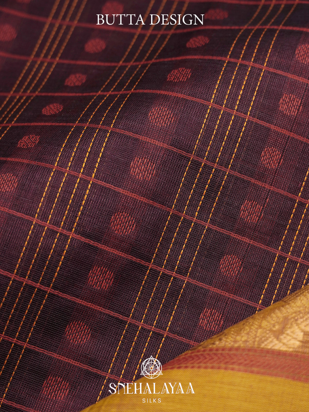 Burgundy & Mustard Kanchi Silk Cotton Saree with Checkered Body & Elephant Border