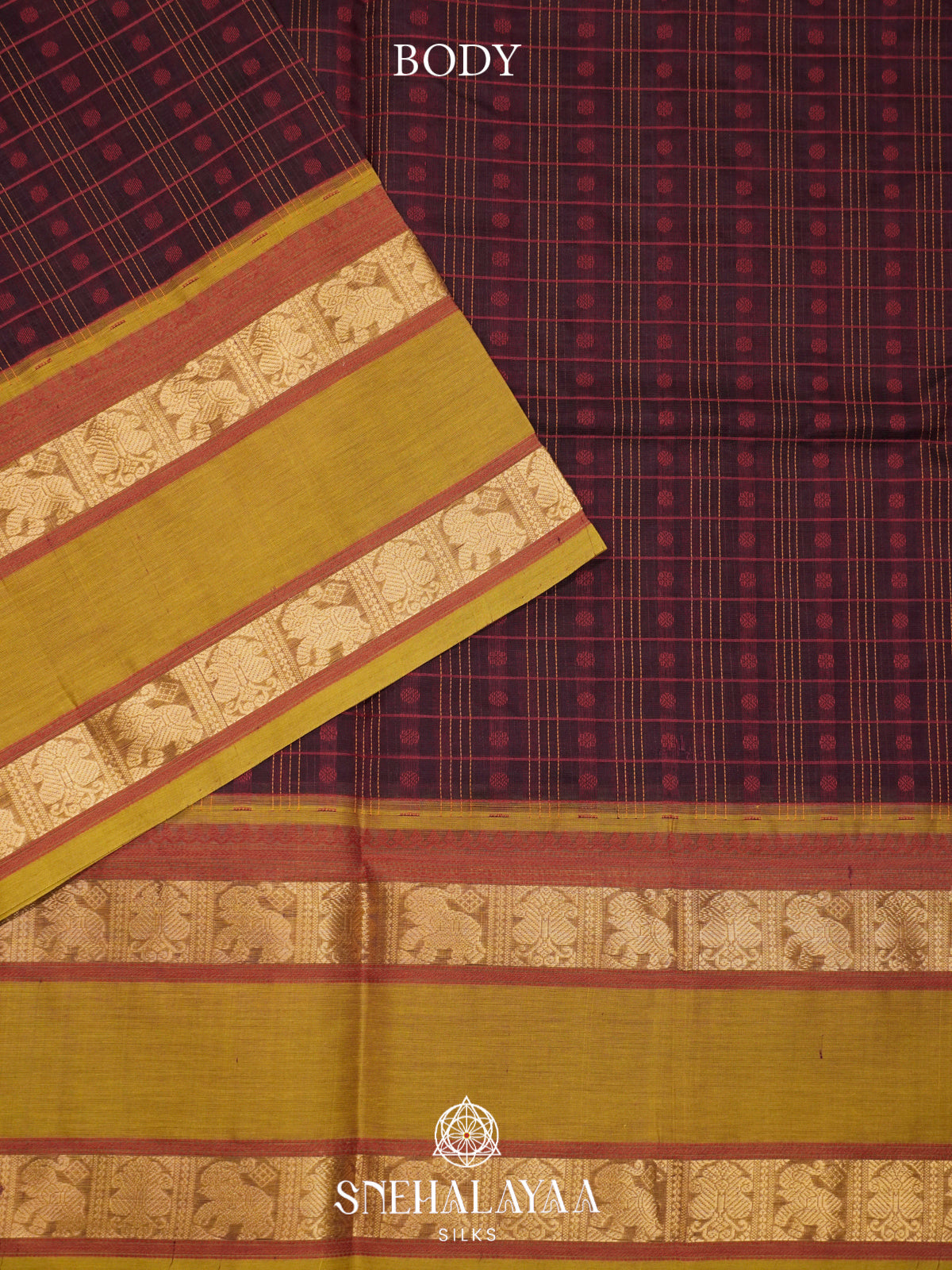 Burgundy & Mustard Kanchi Silk Cotton Saree with Checkered Body & Elephant Border