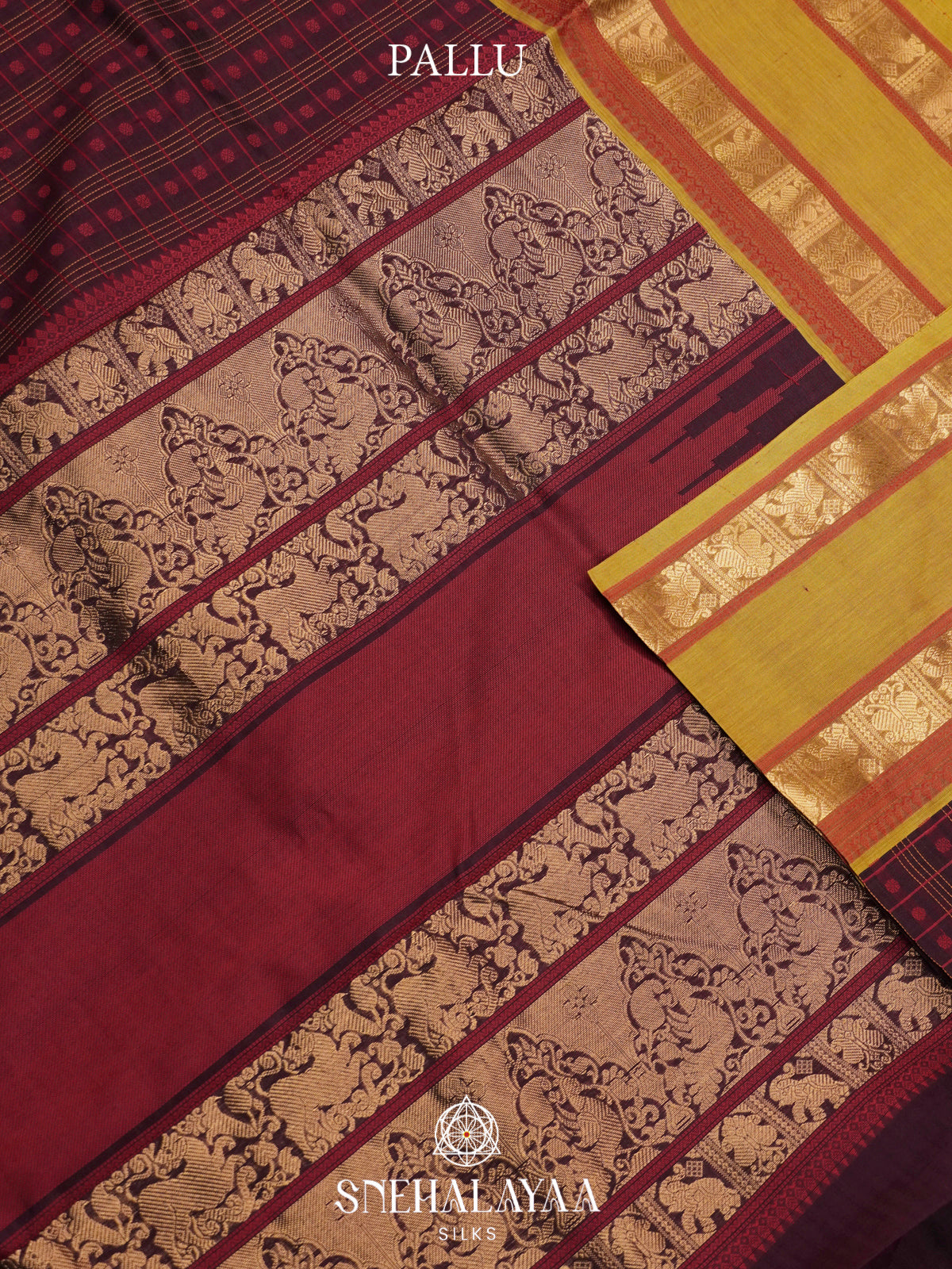 Burgundy & Mustard Kanchi Silk Cotton Saree with Checkered Body & Elephant Border