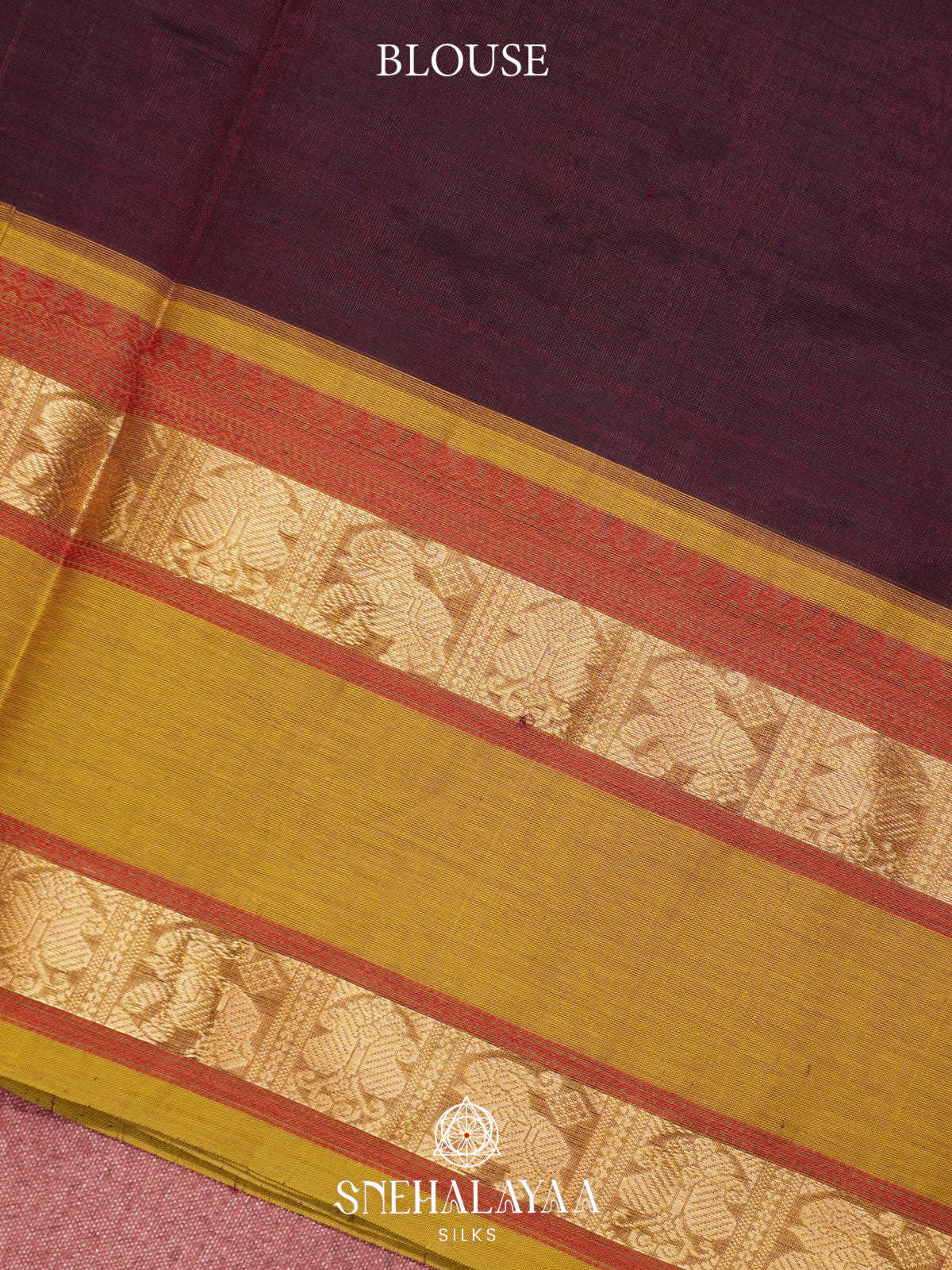 Burgundy & Mustard Kanchi Silk Cotton Saree with Checkered Body & Elephant Border