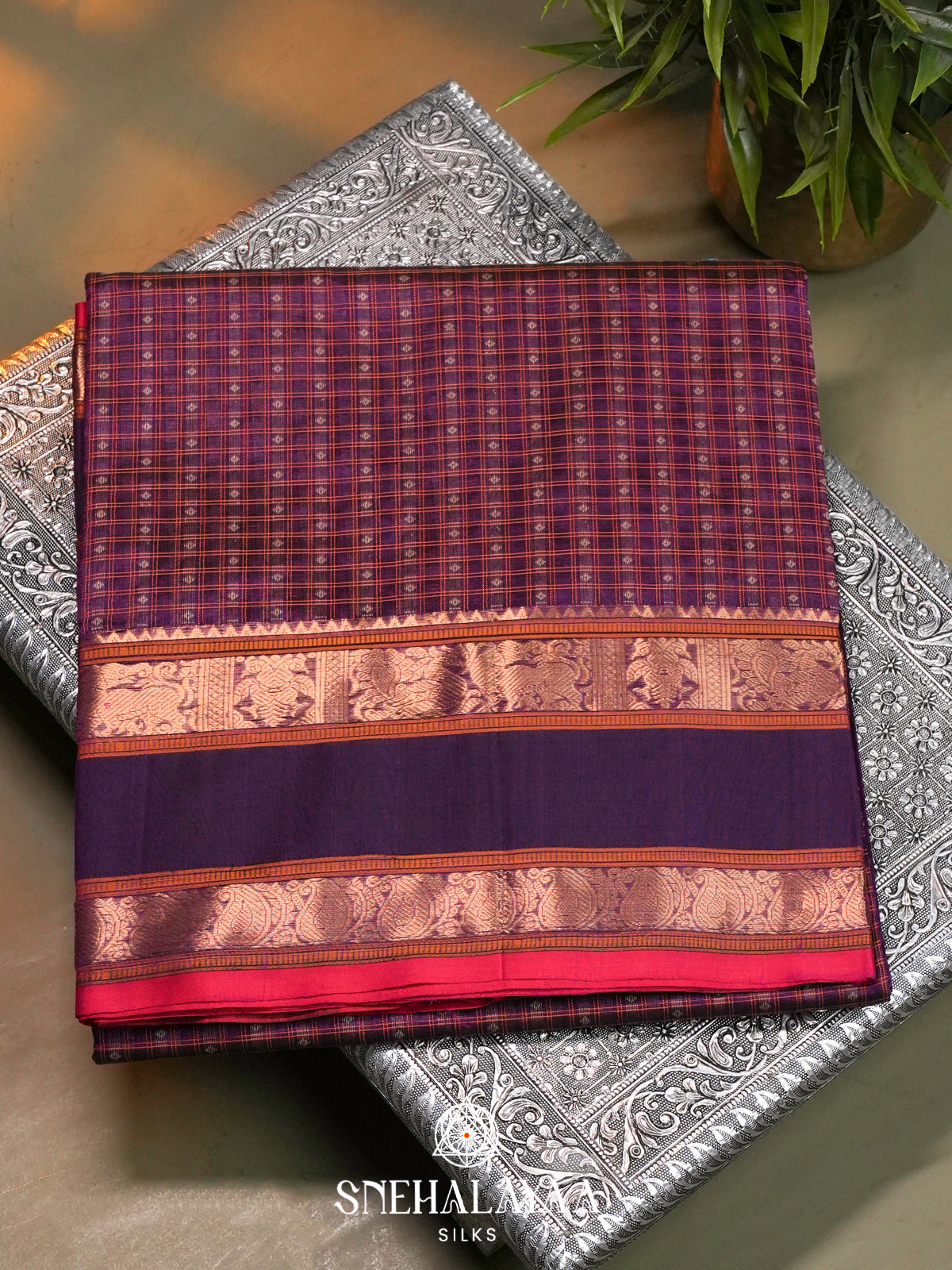 Purple & Violet Kanchi Silk Cotton Saree with Checkered Body & Traditional Peacock Pallu