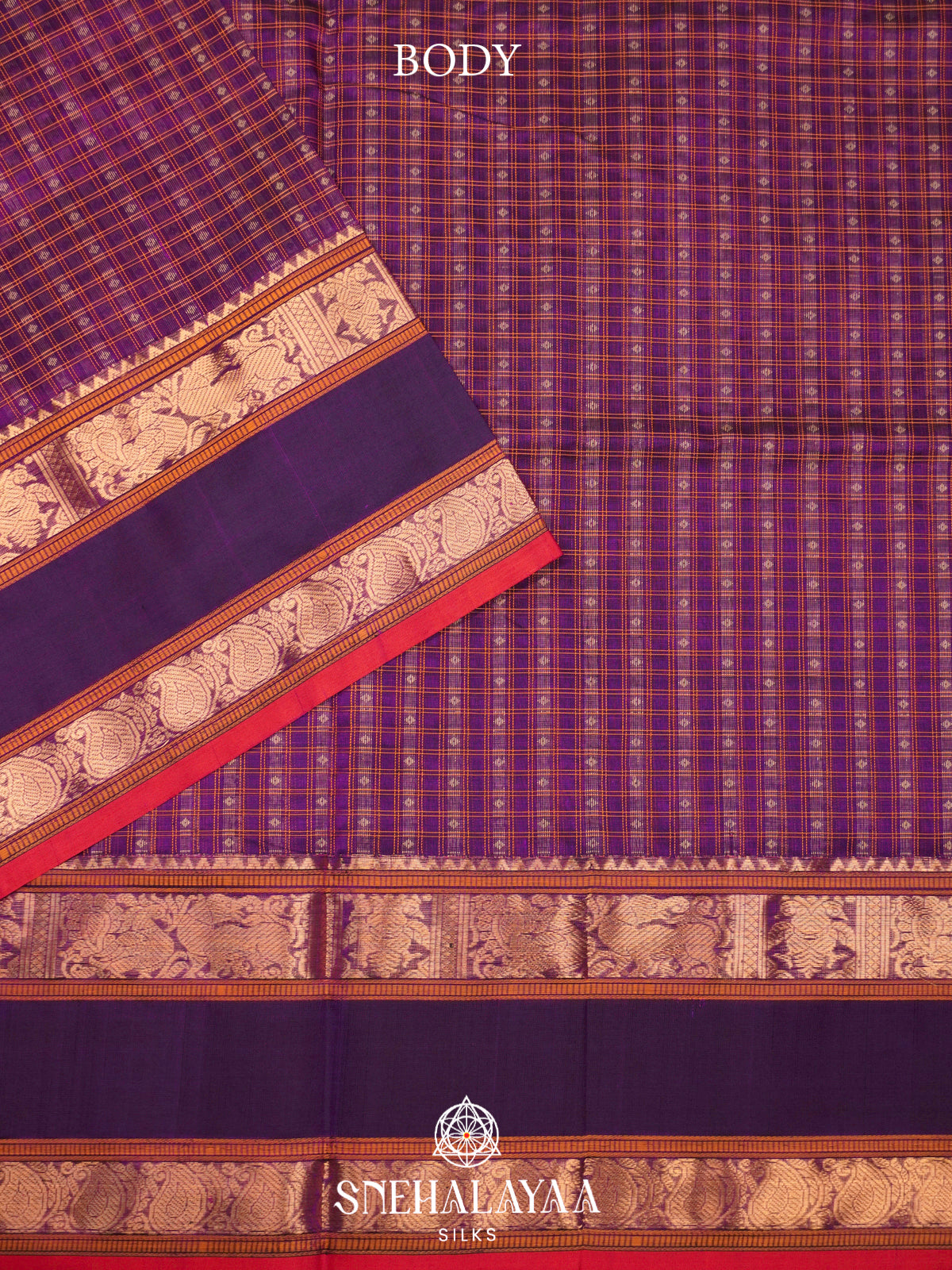 Purple & Violet Kanchi Silk Cotton Saree with Checkered Body & Traditional Peacock Pallu