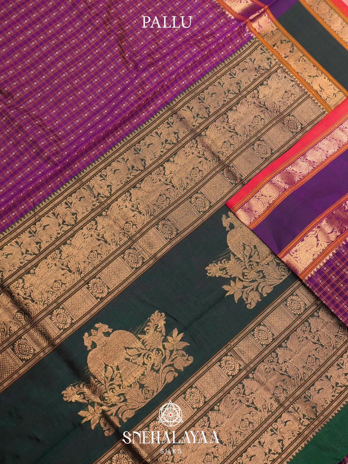 Purple & Violet Kanchi Silk Cotton Saree with Checkered Body & Traditional Peacock Pallu