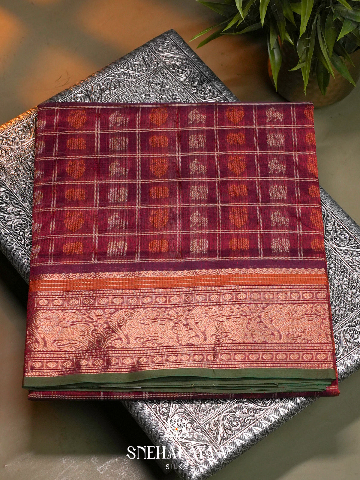 Maroon Kanchi Silk Cotton Saree with Checkered Body & Elephant Zari Border