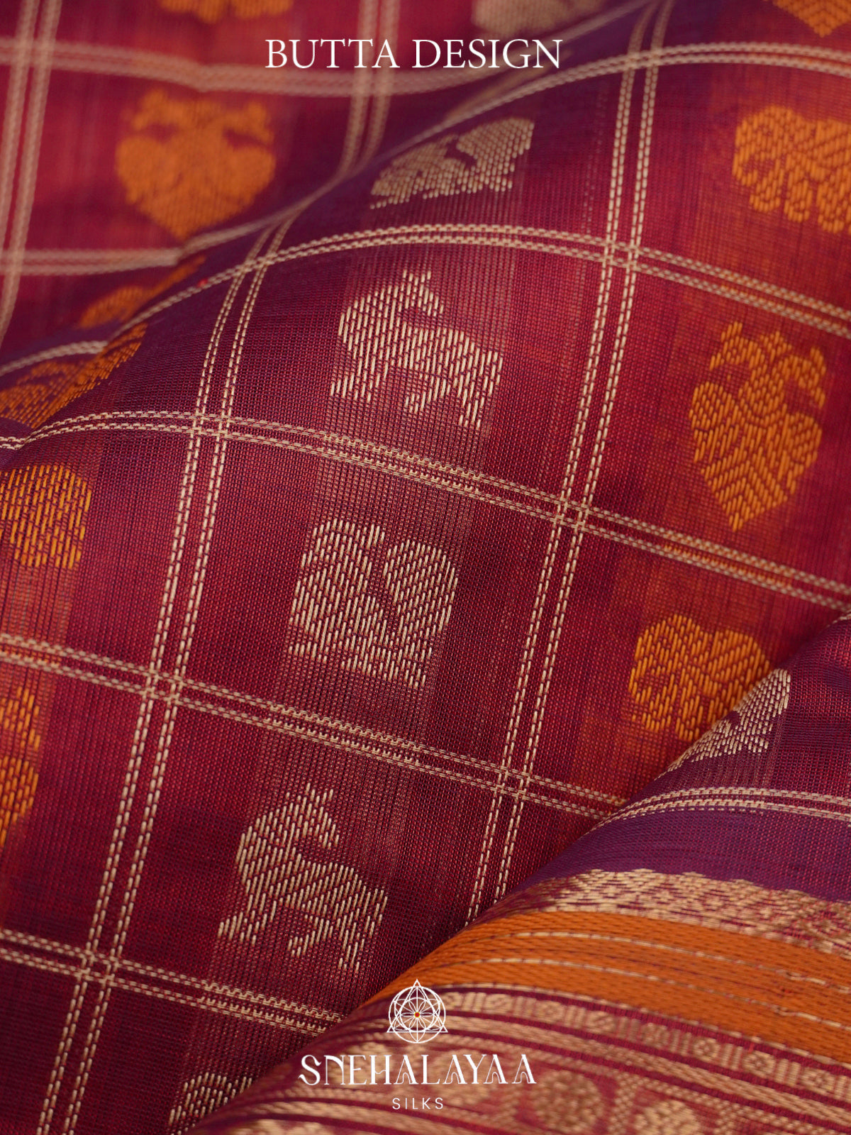 Maroon Kanchi Silk Cotton Saree with Checkered Body & Elephant Zari Border