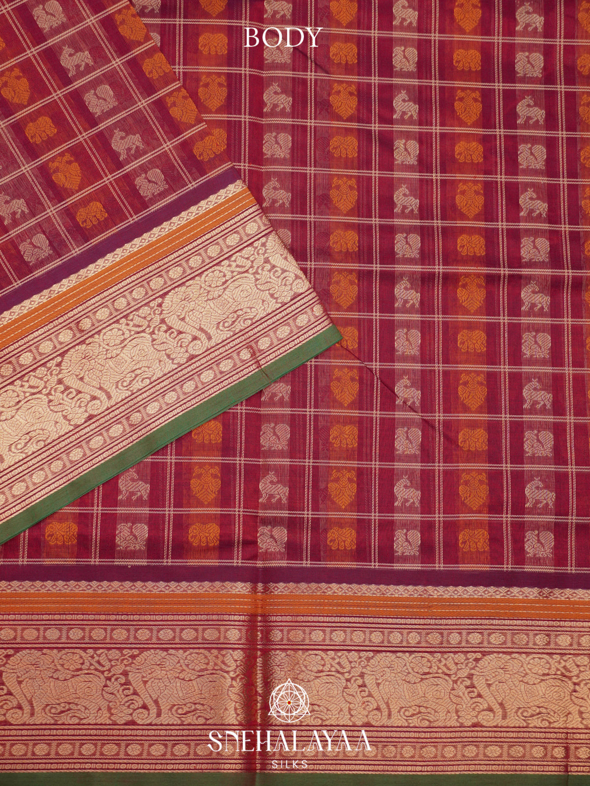 Maroon Kanchi Silk Cotton Saree with Checkered Body & Elephant Zari Border