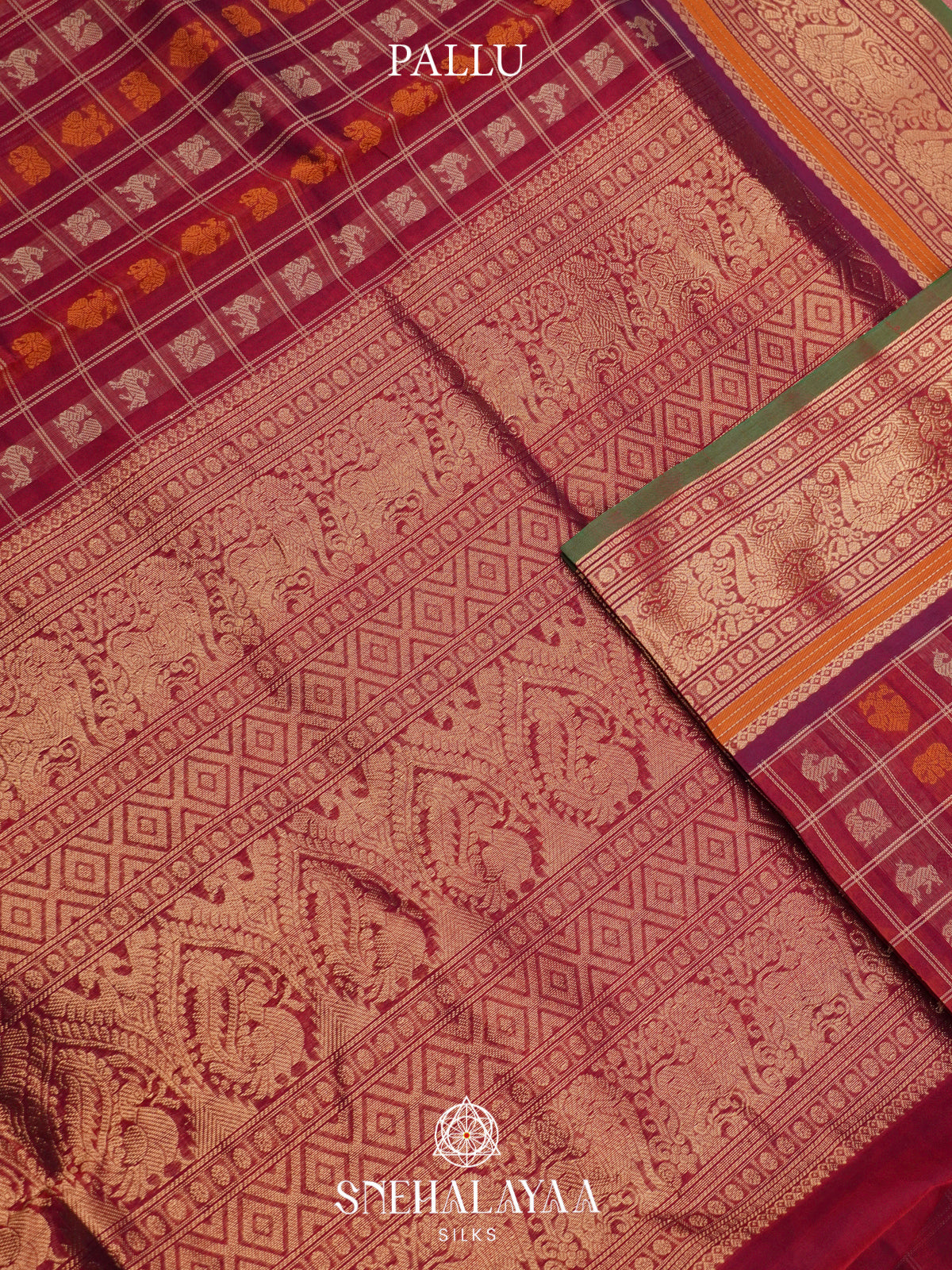Maroon Kanchi Silk Cotton Saree with Checkered Body & Elephant Zari Border