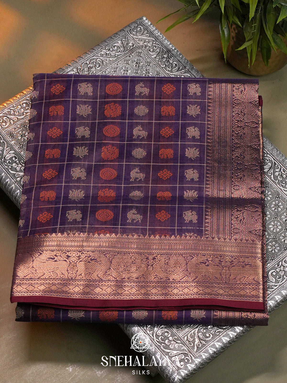 Purple Kanchi Silk Cotton Saree with Multi-Motif Checkers & Paisley Pallu
