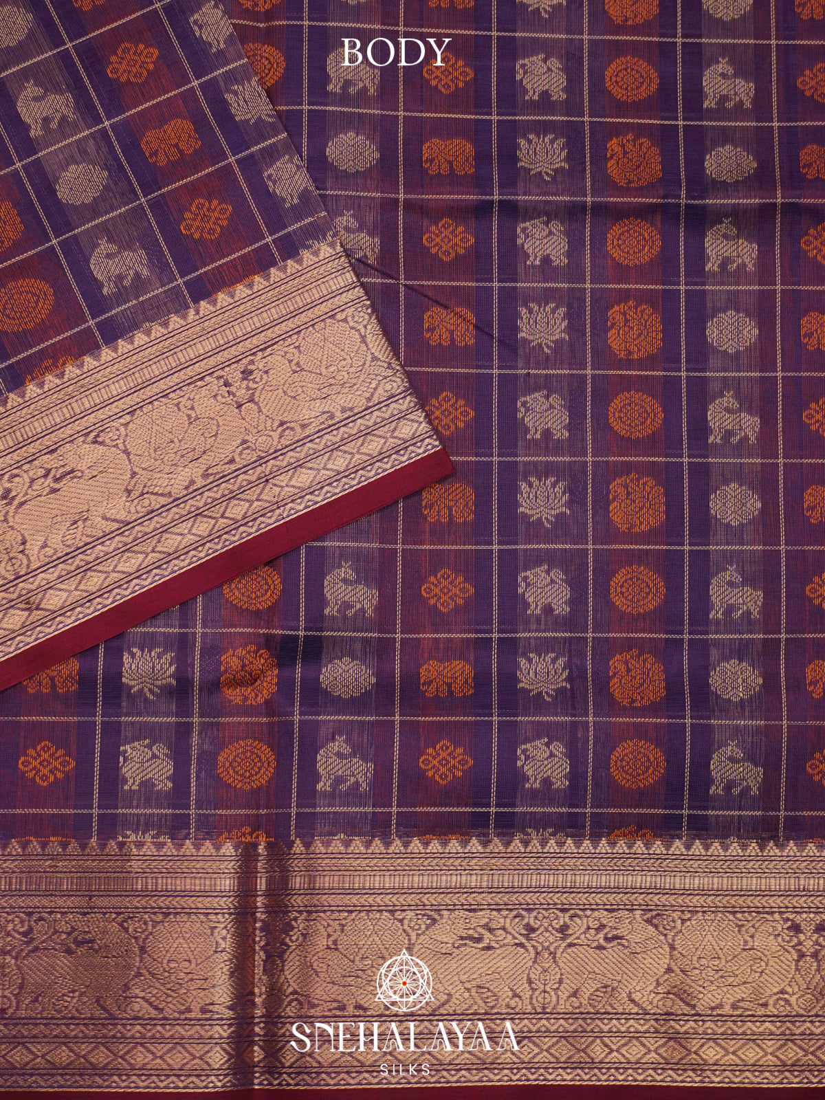 Purple Kanchi Silk Cotton Saree with Multi-Motif Checkers & Paisley Pallu