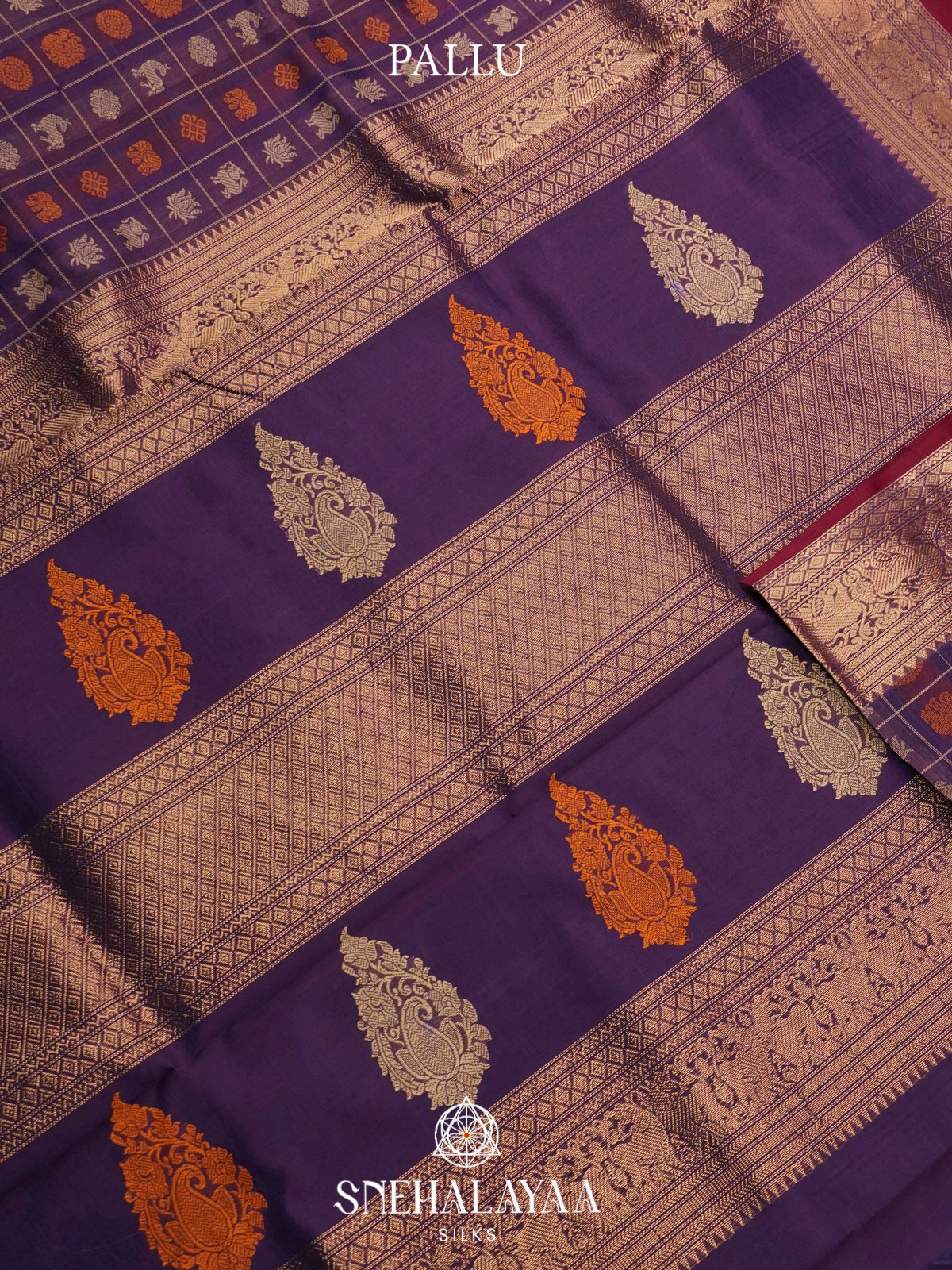 Purple Kanchi Silk Cotton Saree with Multi-Motif Checkers & Paisley Pallu