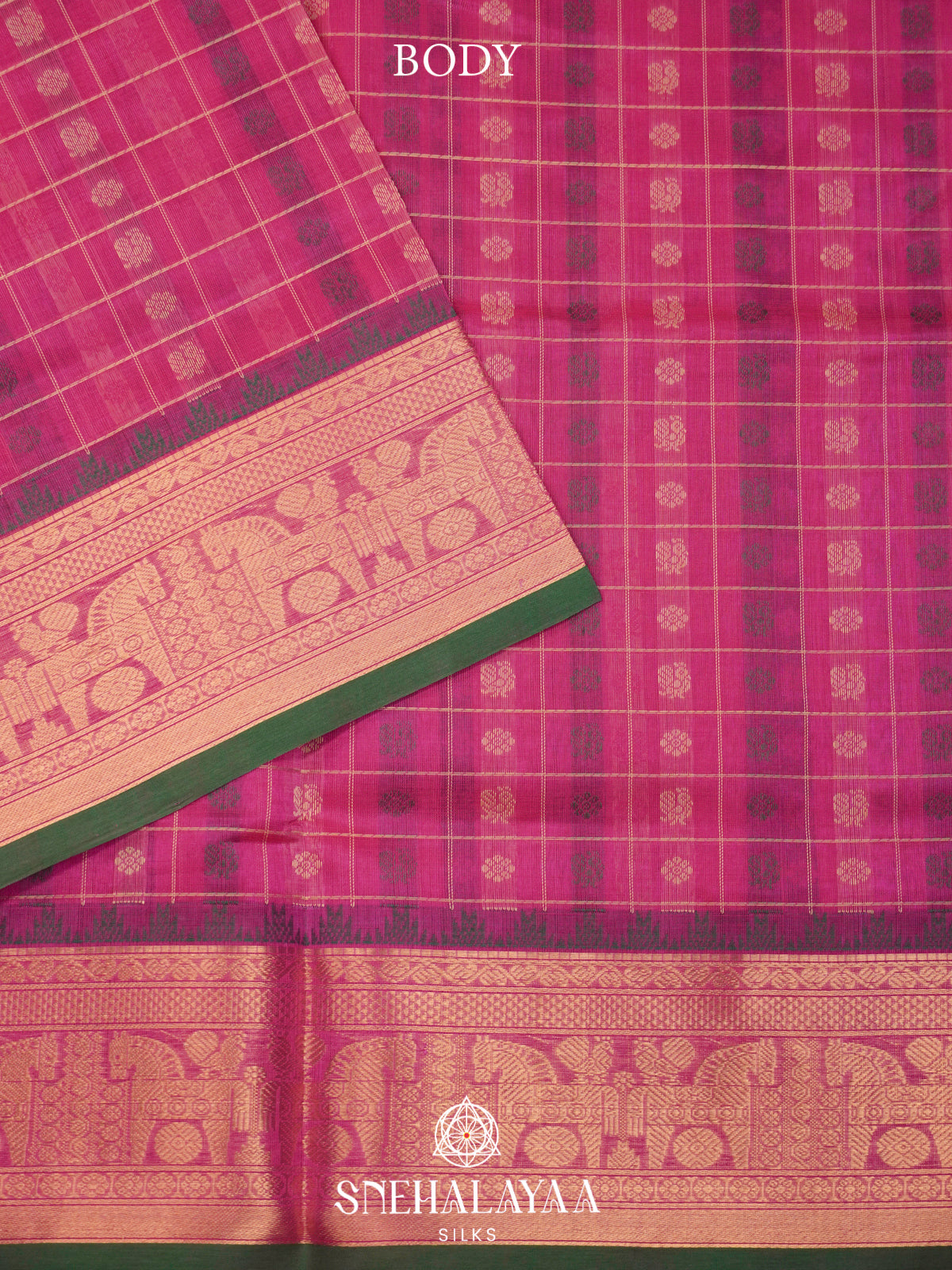 Pink Kanchi Silk Cotton Saree with Checkered Body & Traditional Horse Zari Border