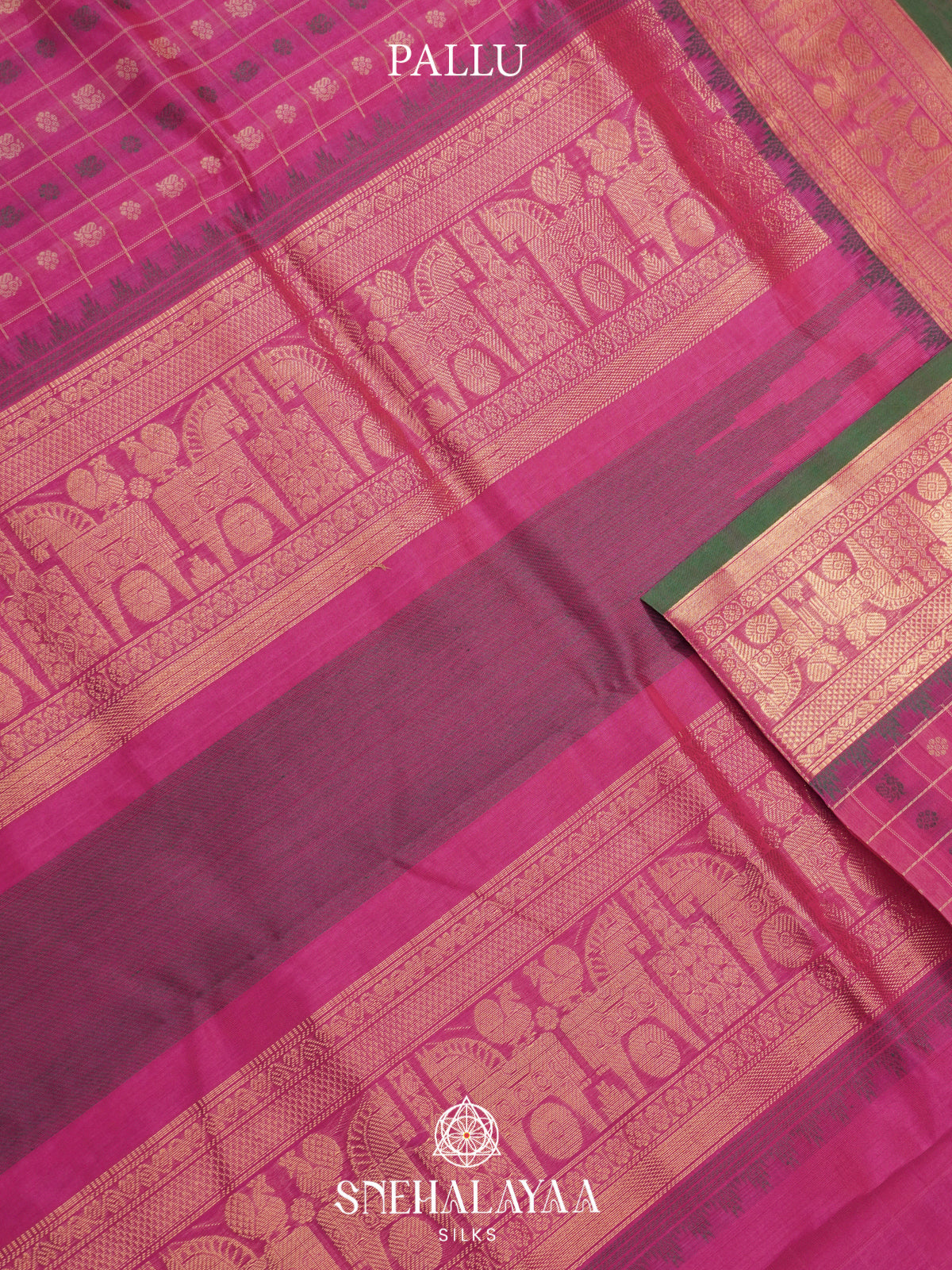 Pink Kanchi Silk Cotton Saree with Checkered Body & Traditional Horse Zari Border