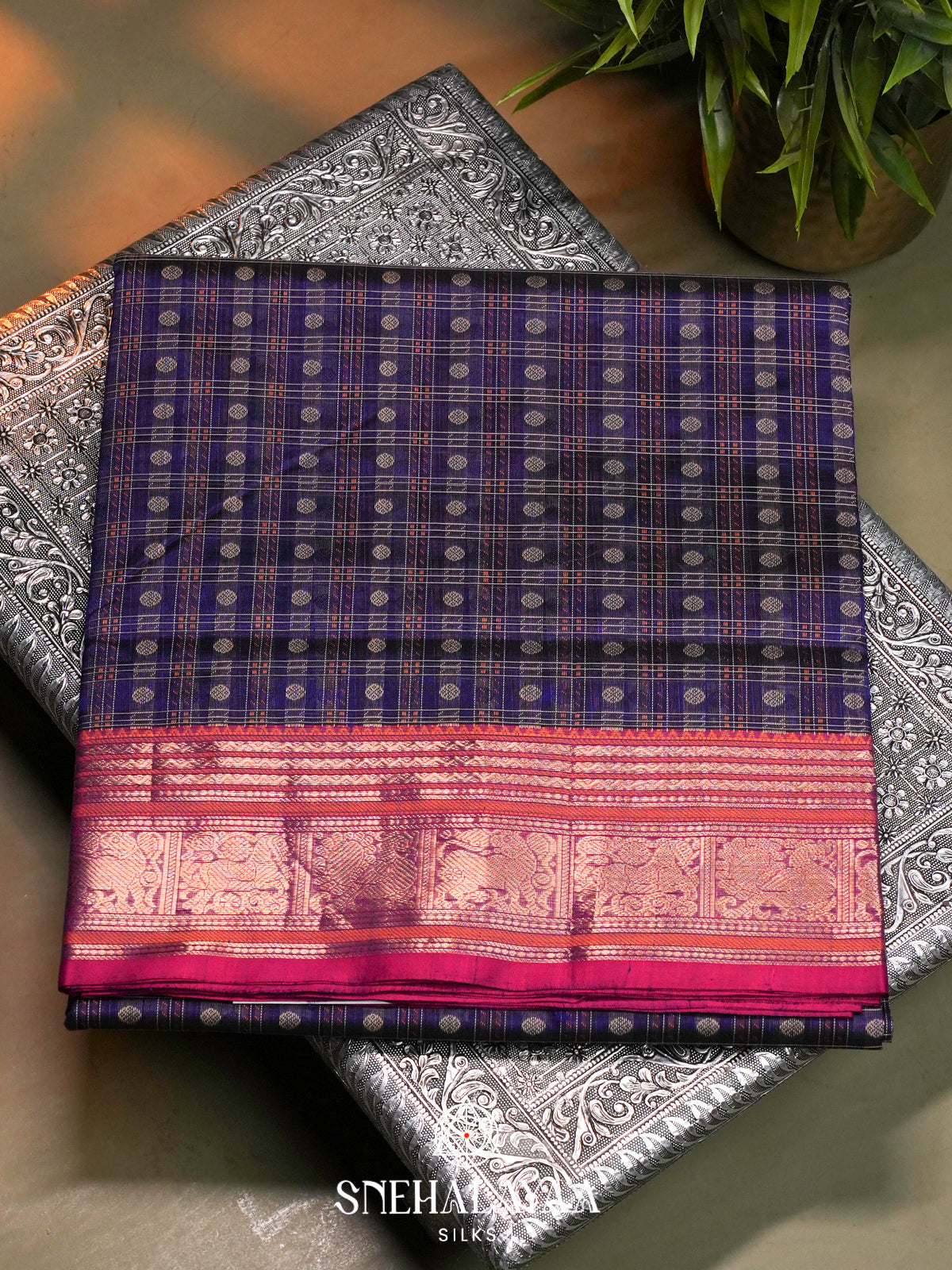 Navy Blue Kanchi Silk Cotton Saree with Coin Buttas & Heritage Elephant Pallu