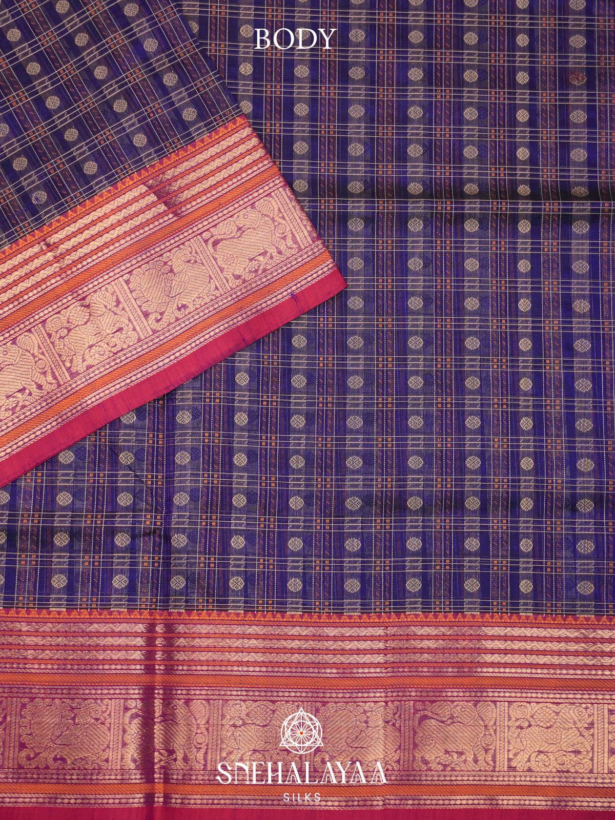 Navy Blue Kanchi Silk Cotton Saree with Coin Buttas & Heritage Elephant Pallu