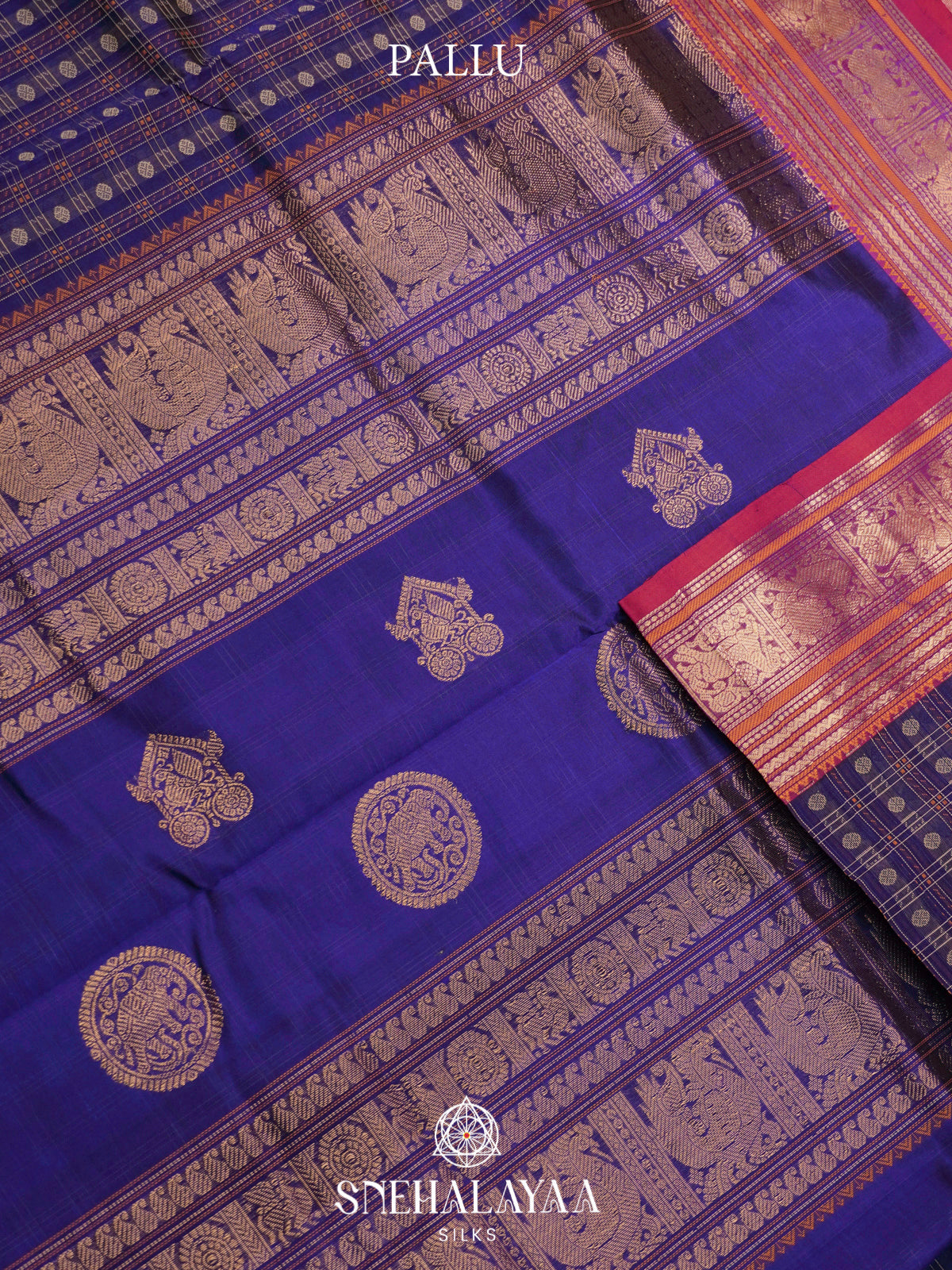 Navy Blue Kanchi Silk Cotton Saree with Coin Buttas & Heritage Elephant Pallu