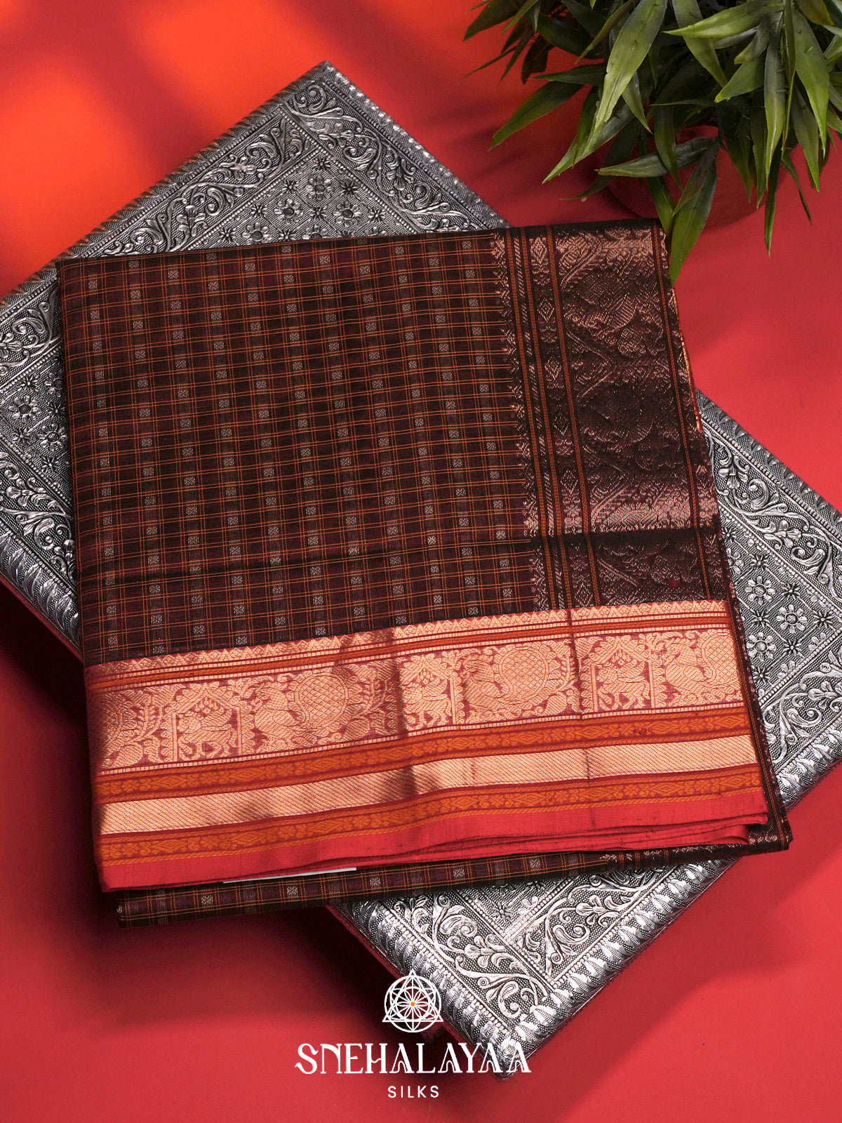 Coffee Brown Silk Cotton Saree with Checks and Traditional Zari Border