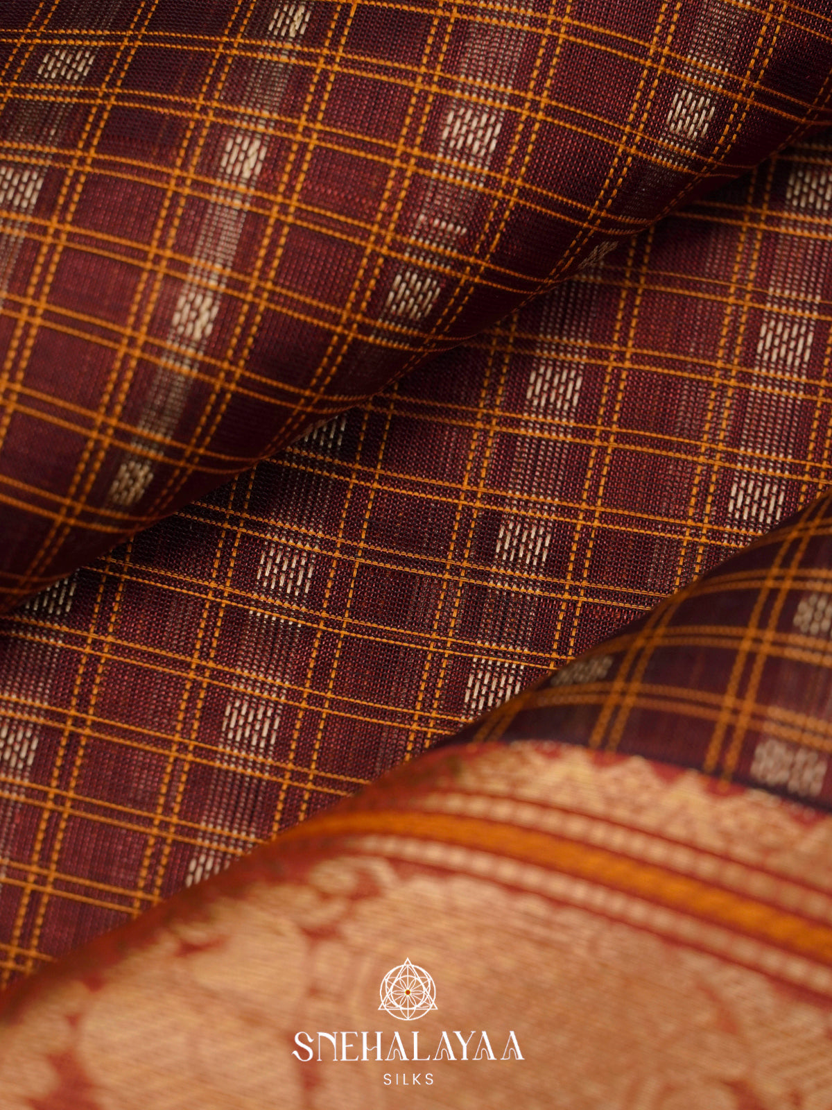 Coffee Brown Silk Cotton Saree with Checks and Traditional Zari Border