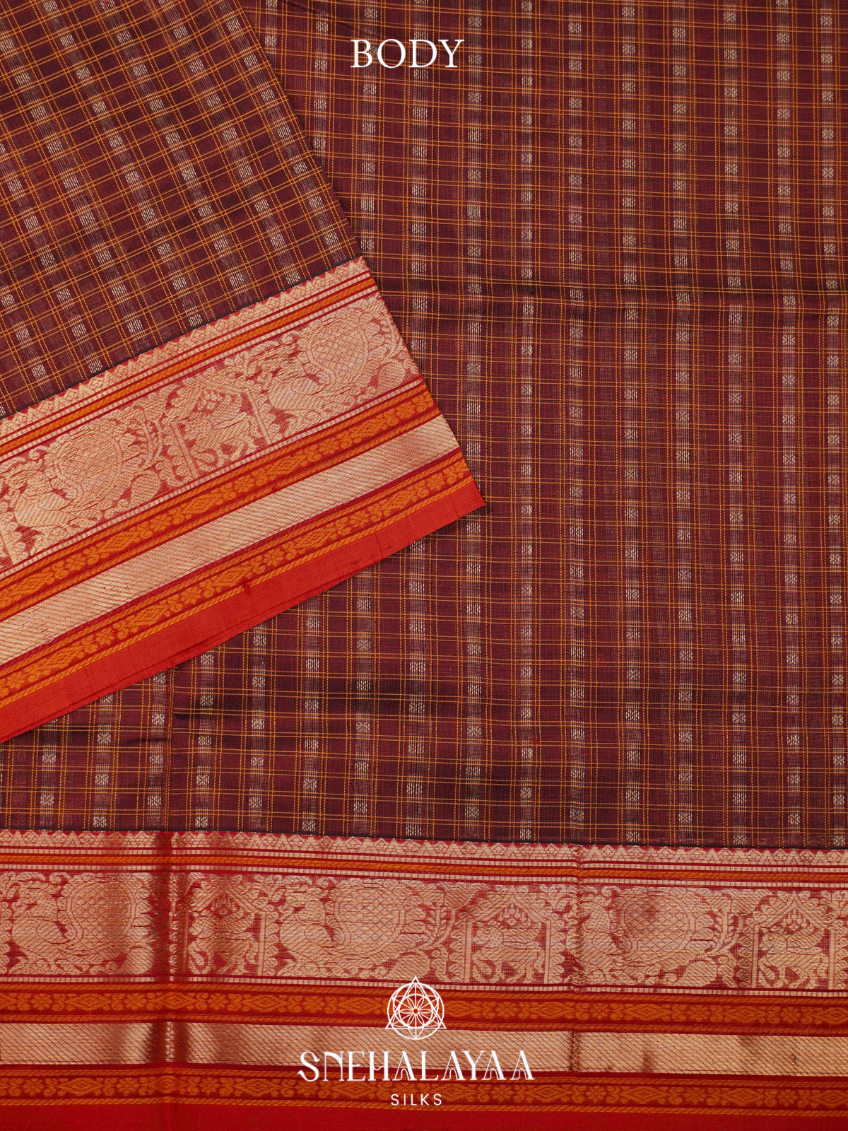 Coffee Brown Silk Cotton Saree with Checks and Traditional Zari Border