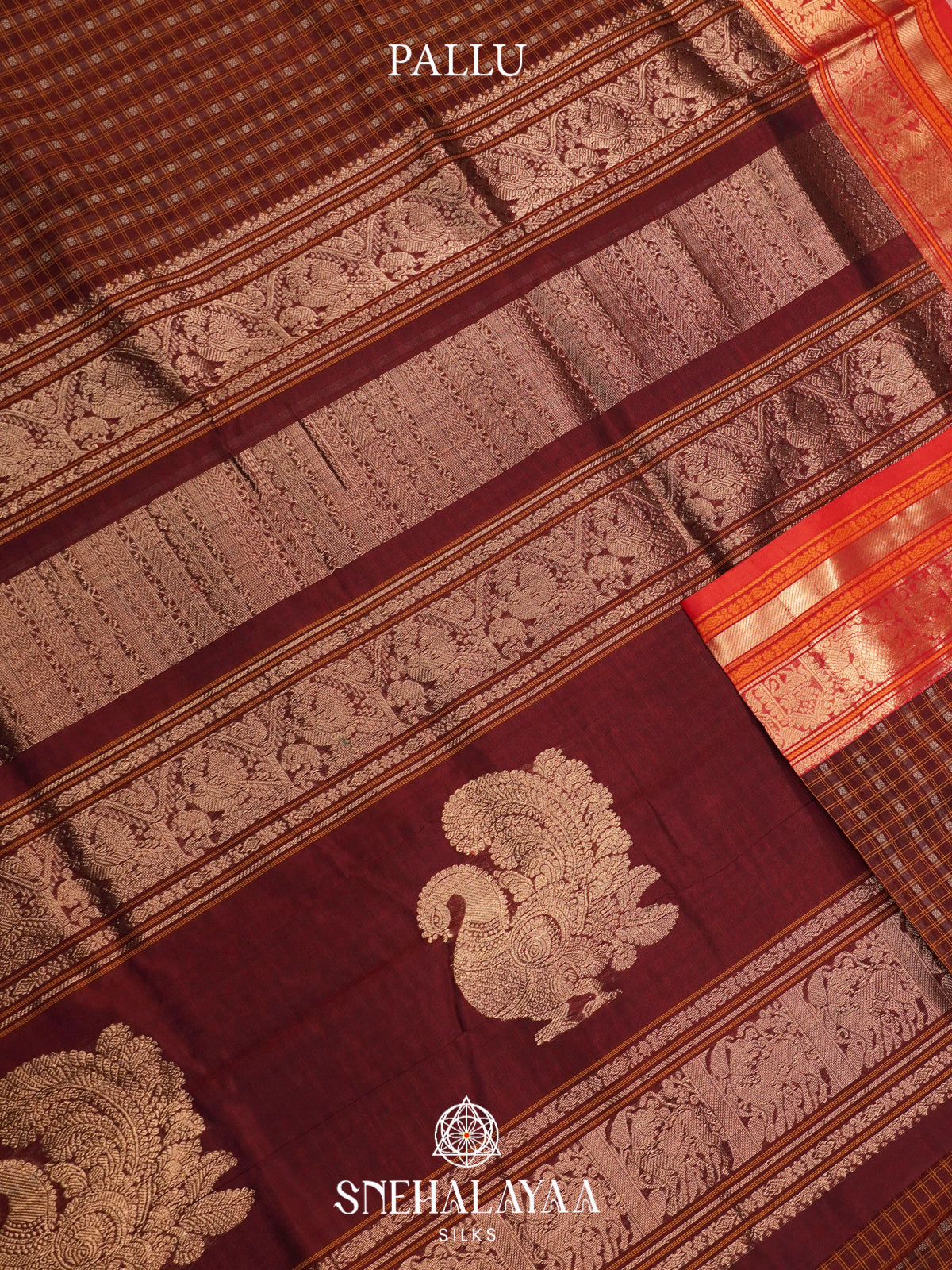 Coffee Brown Silk Cotton Saree with Checks and Traditional Zari Border