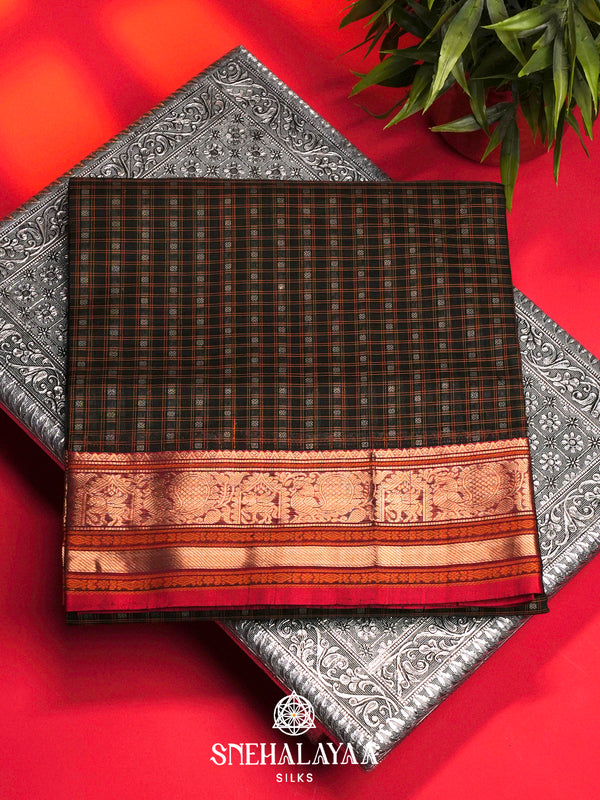 Black Silk Cotton Saree with Checked Weave and Traditional Zari Border