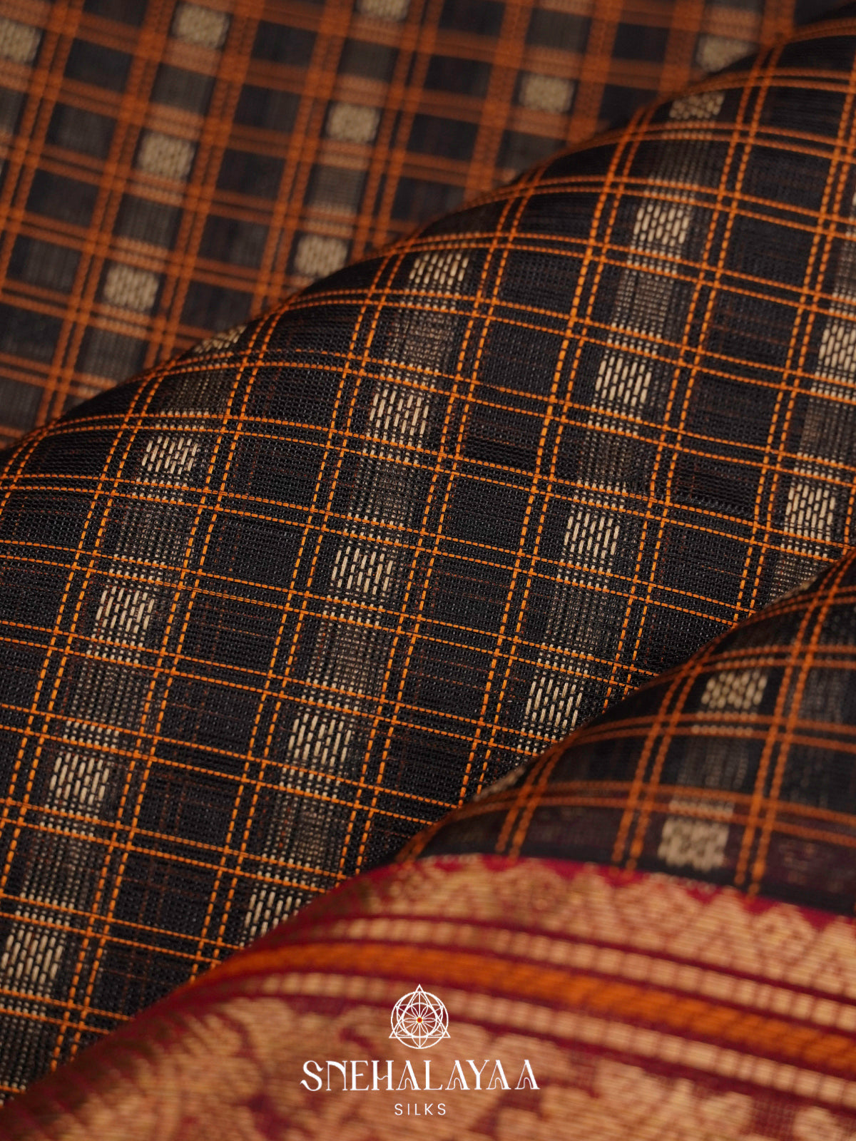 Black Silk Cotton Saree with Checked Weave and Traditional Zari Border