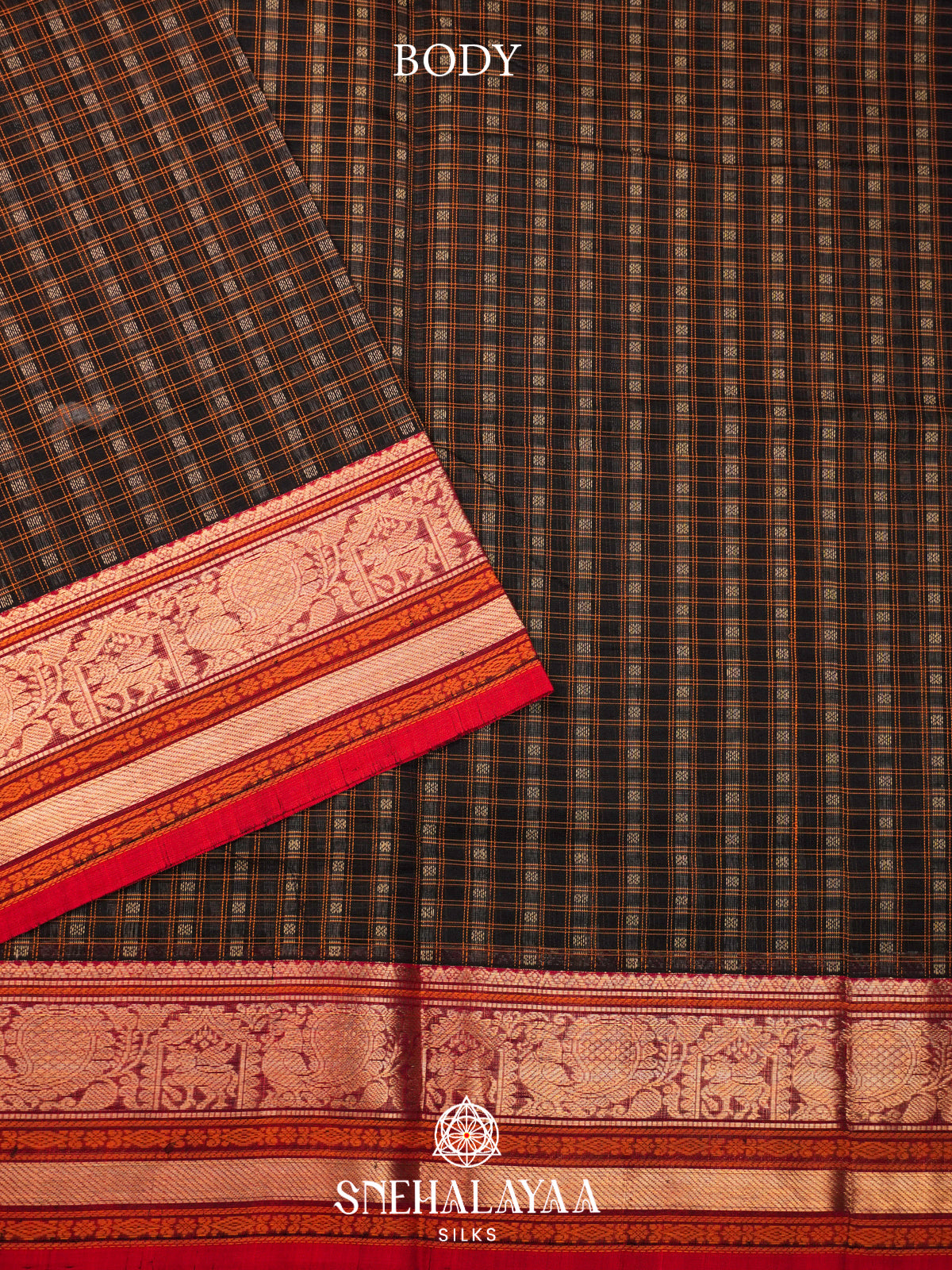 Black Silk Cotton Saree with Checked Weave and Traditional Zari Border