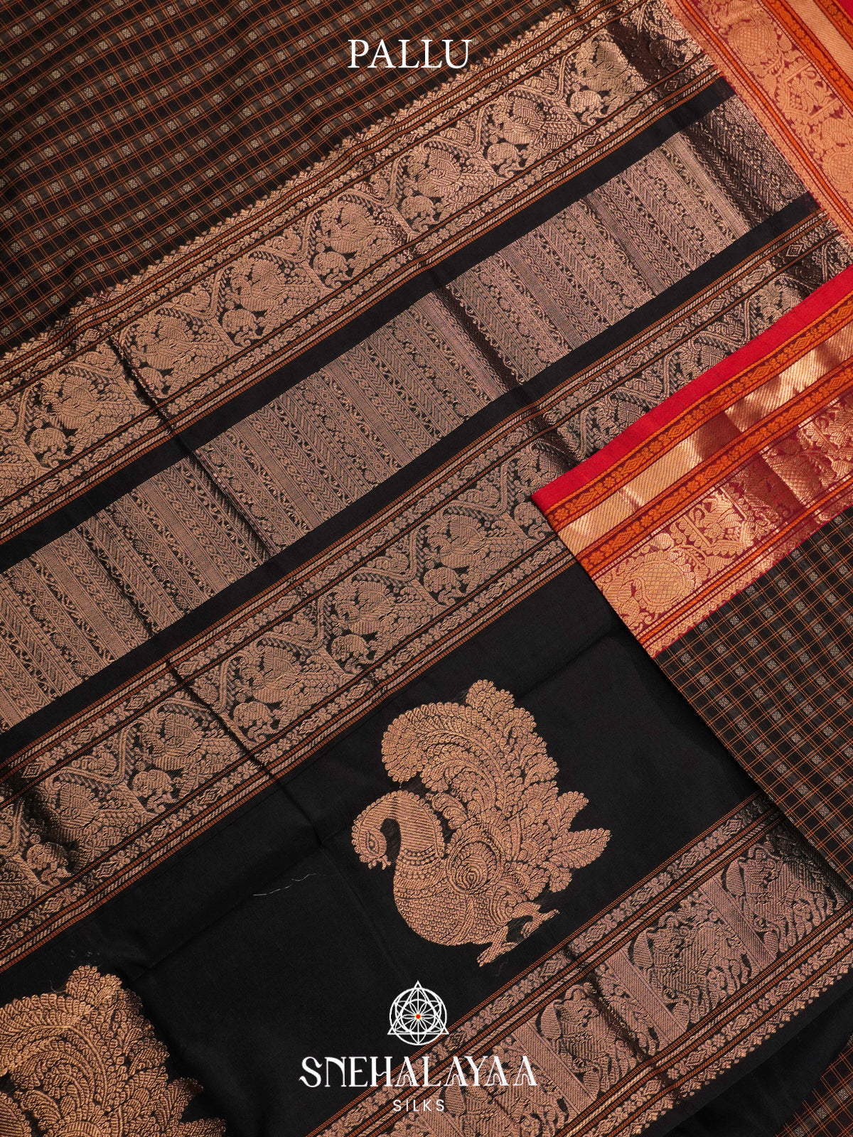 Black Silk Cotton Saree with Checked Weave and Traditional Zari Border