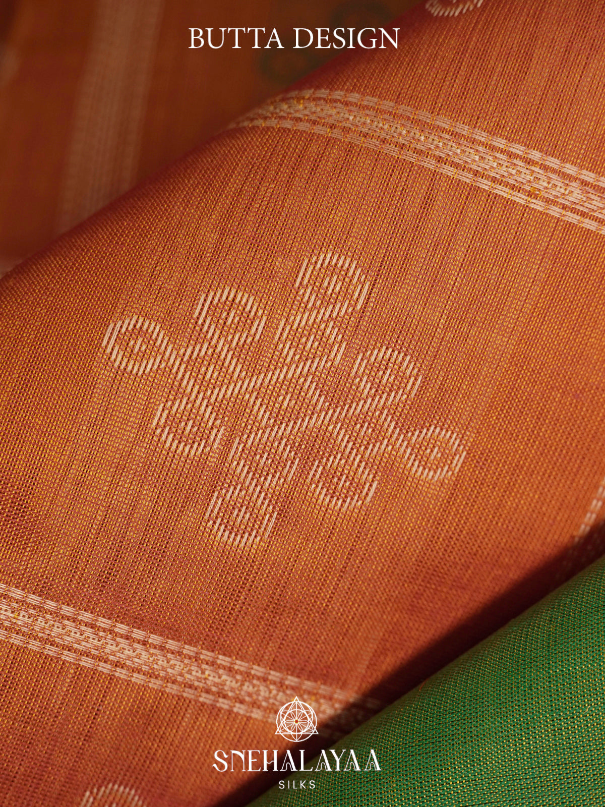 Rust Orange Kanchi Silk Cotton Saree with Traditional Kolam Buttas & Contrast Green Borde