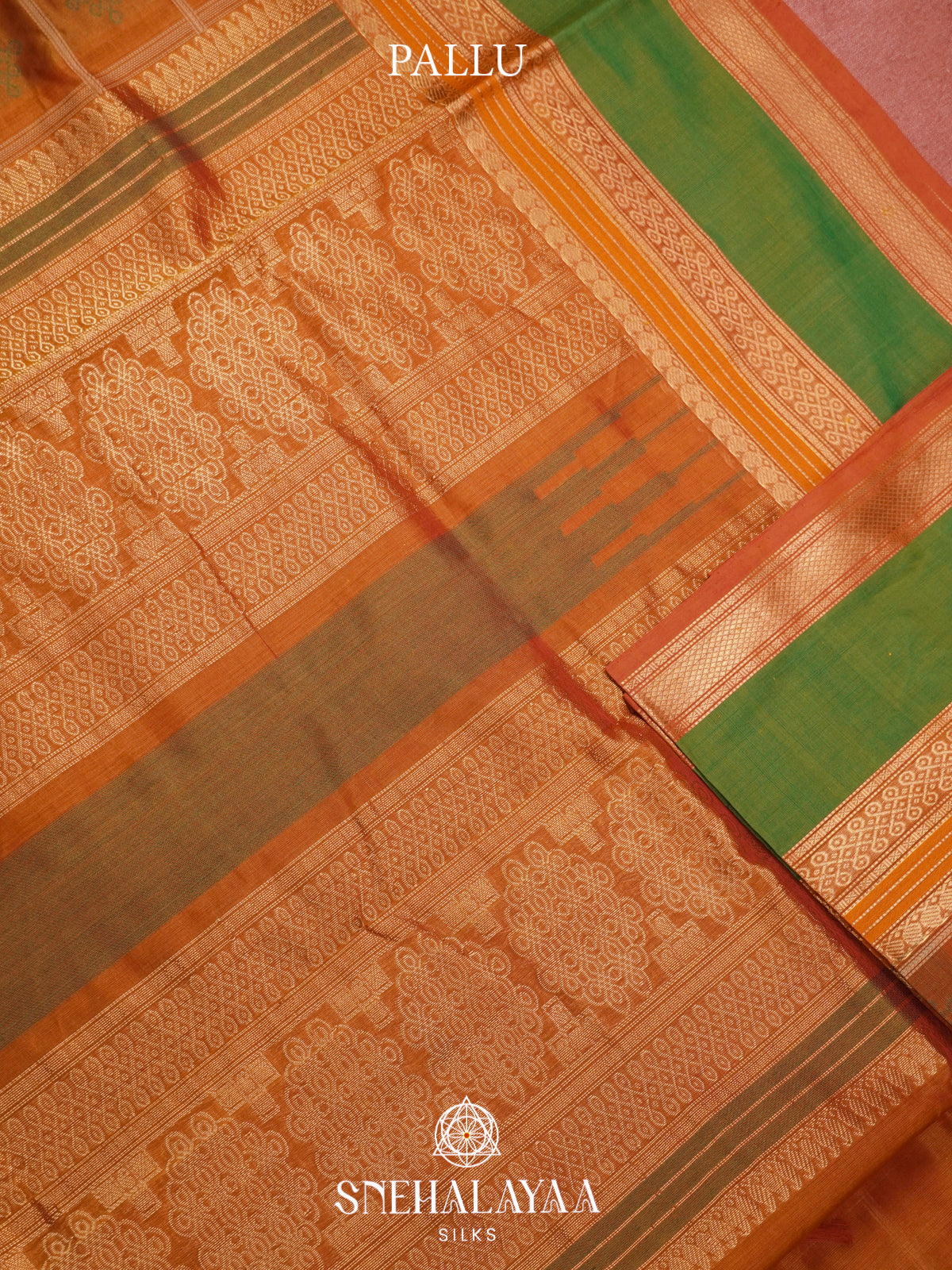 Rust Orange Kanchi Silk Cotton Saree with Traditional Kolam Buttas & Contrast Green Borde