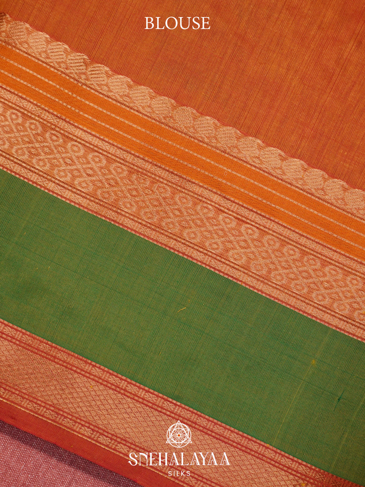 Rust Orange Kanchi Silk Cotton Saree with Traditional Kolam Buttas & Contrast Green Borde