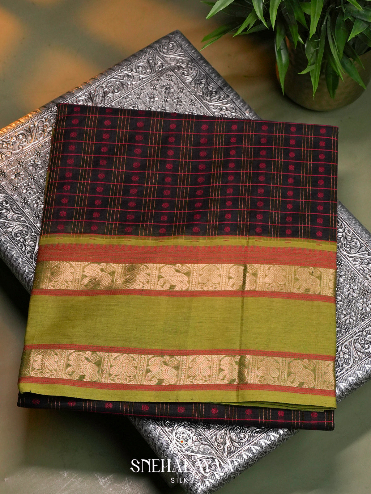 Black Kanchi Silk Cotton Saree with Red Checkers & Contrast Olive Green Border