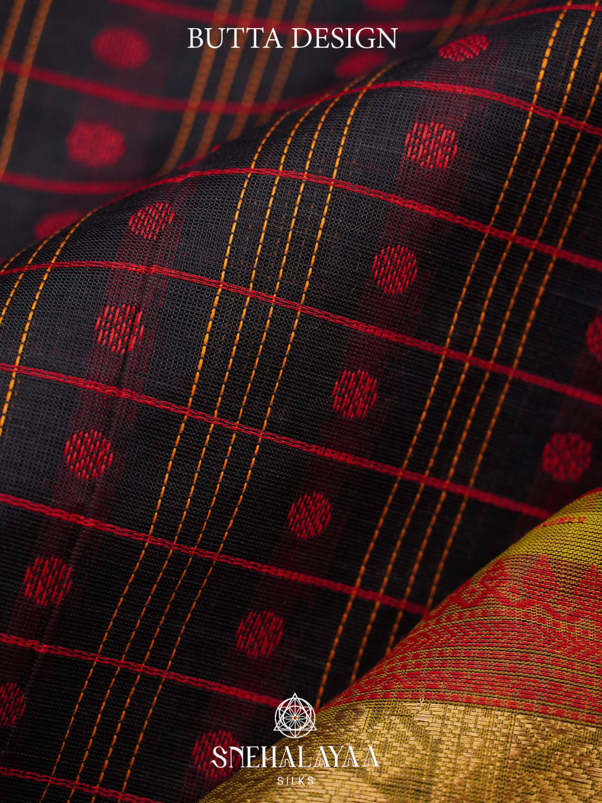 Black Kanchi Silk Cotton Saree with Red Checkers & Contrast Olive Green Border