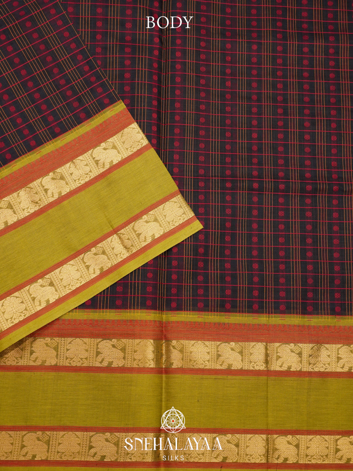 Black Kanchi Silk Cotton Saree with Red Checkers & Contrast Olive Green Border