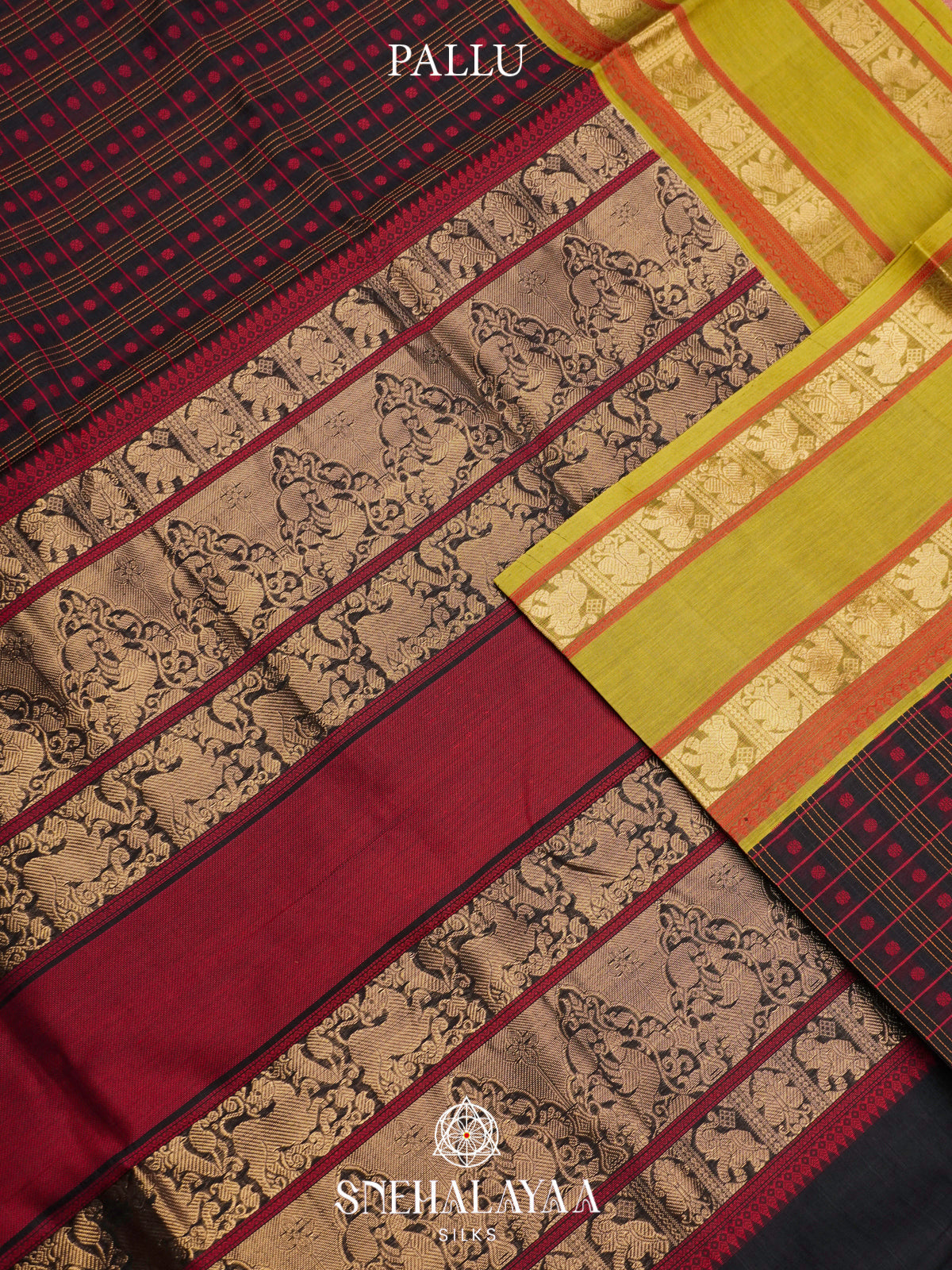 Black Kanchi Silk Cotton Saree with Red Checkers & Contrast Olive Green Border