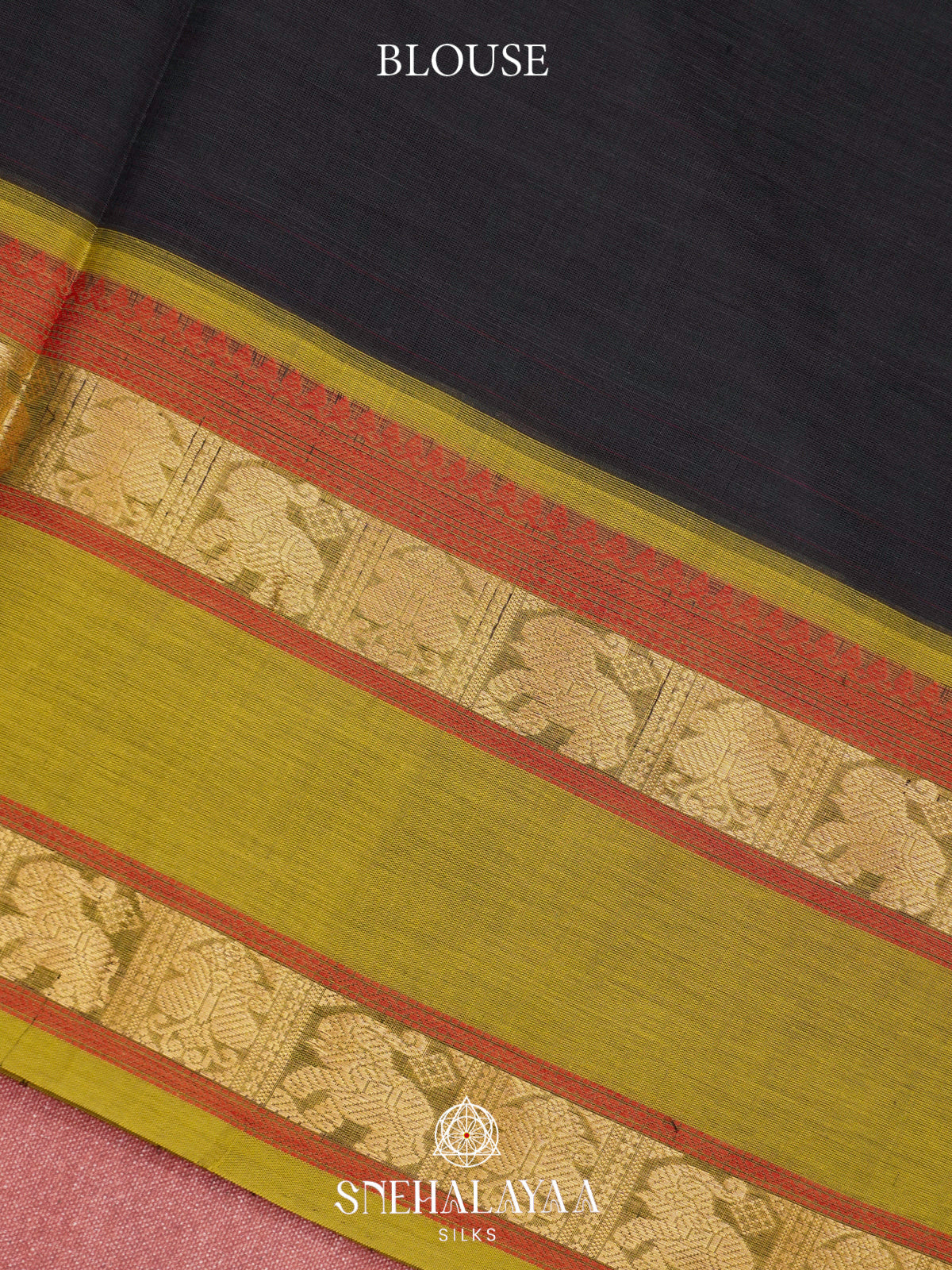 Black Kanchi Silk Cotton Saree with Red Checkers & Contrast Olive Green Border
