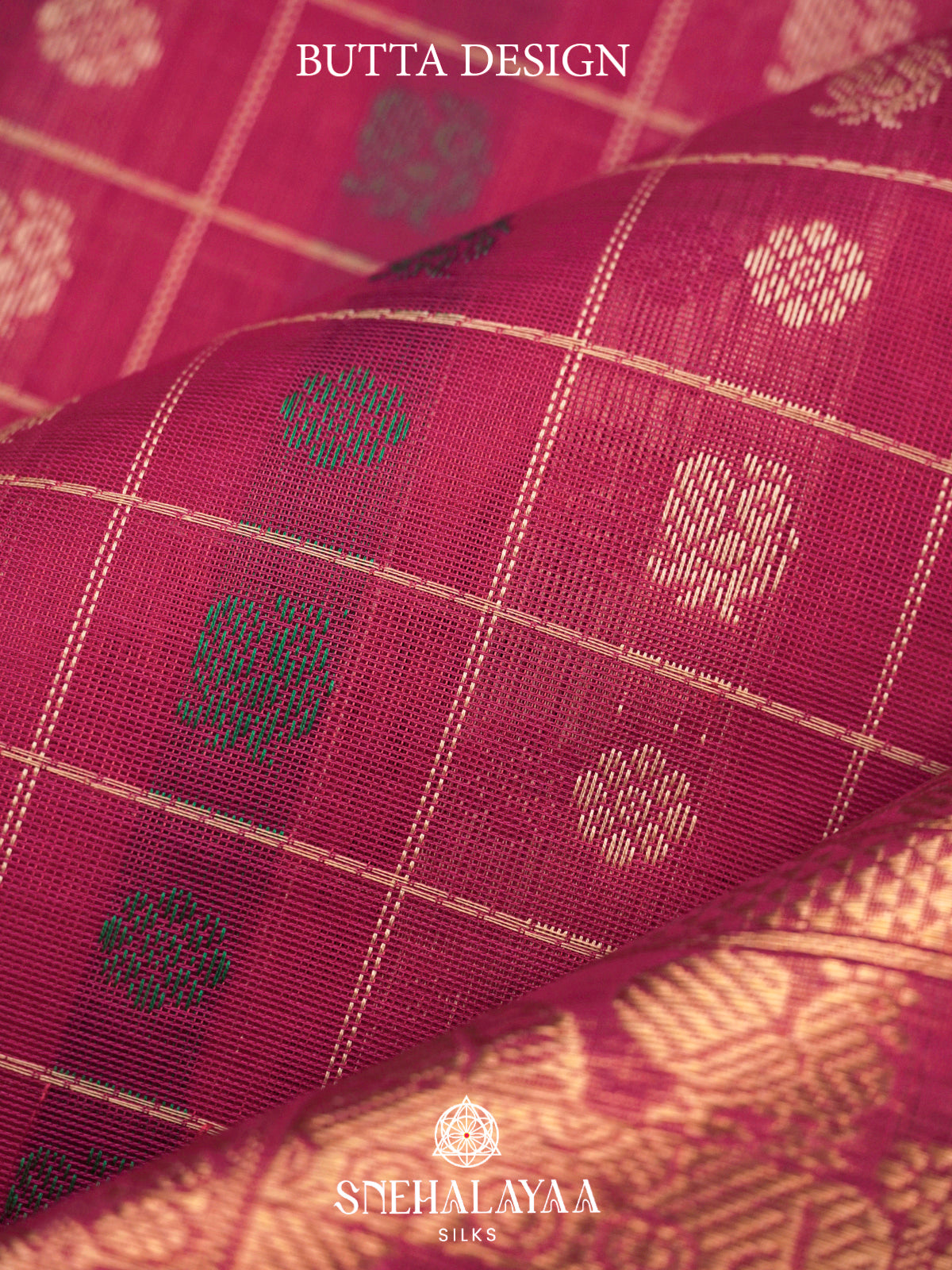Magenta Pink Kanchi Silk Cotton Saree with Floral Buttas & Contrast Green Selvedge Border