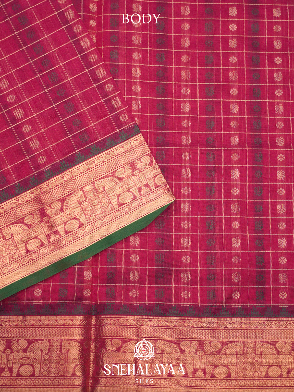 Magenta Pink Kanchi Silk Cotton Saree with Floral Buttas & Contrast Green Selvedge Border
