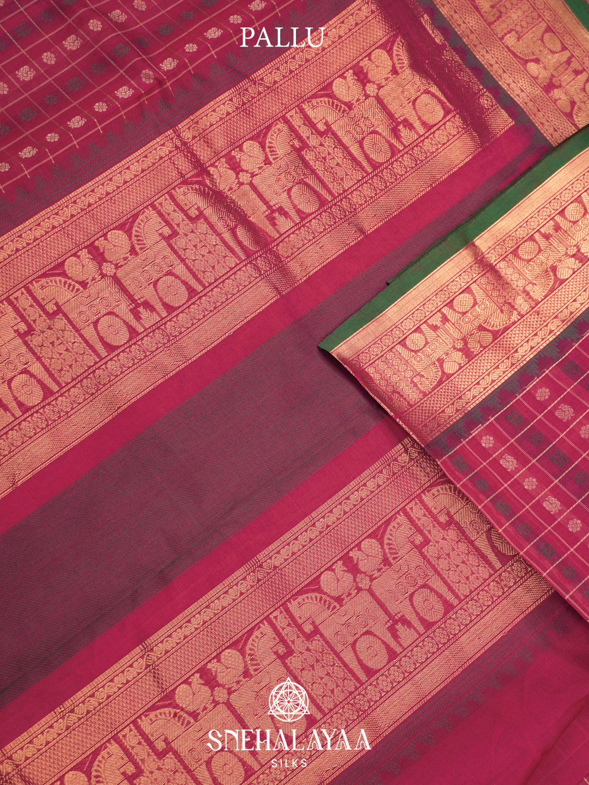 Magenta Pink Kanchi Silk Cotton Saree with Floral Buttas & Contrast Green Selvedge Border