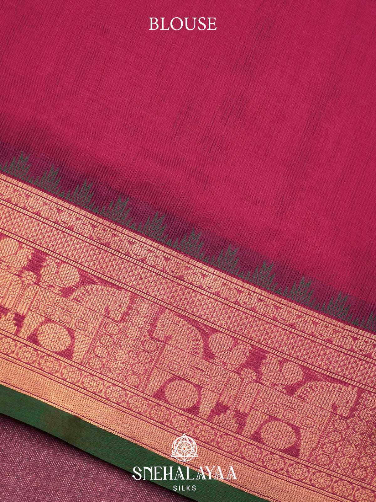 Magenta Pink Kanchi Silk Cotton Saree with Floral Buttas & Contrast Green Selvedge Border
