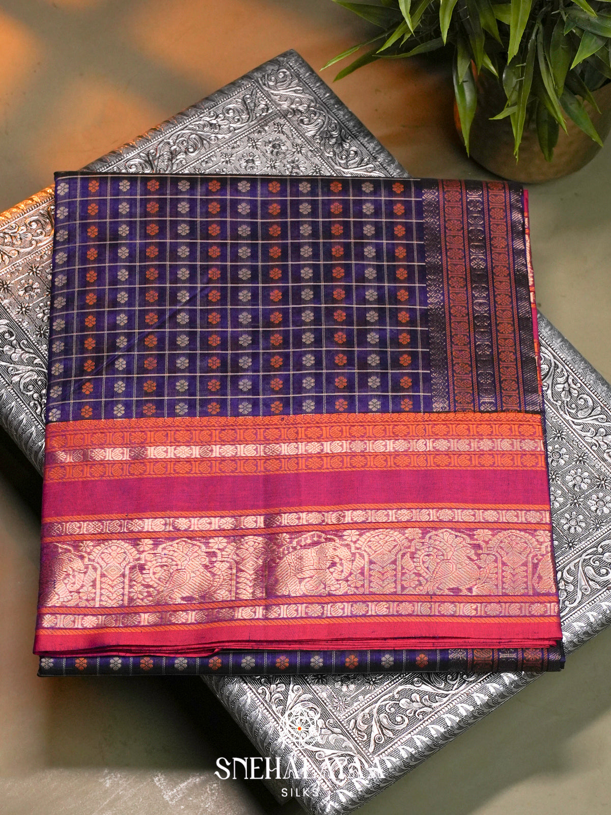 Ink Blue Kanchi Silk Cotton Saree with Floral Buttas & Contrast Crimson Border