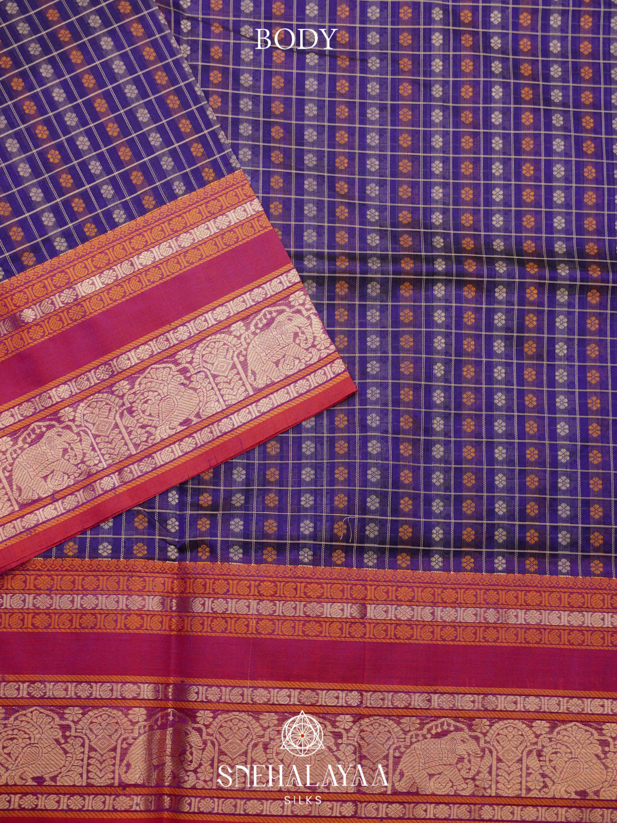 Ink Blue Kanchi Silk Cotton Saree with Floral Buttas & Contrast Crimson Border