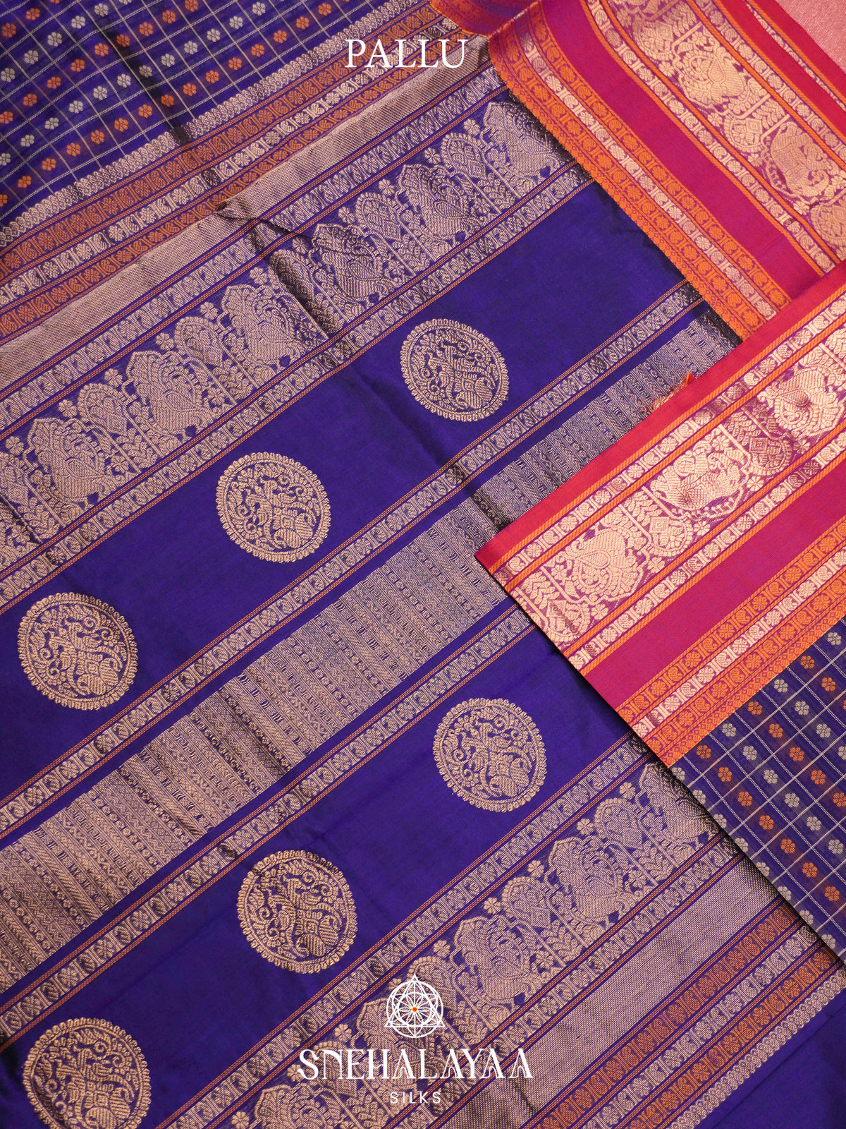 Ink Blue Kanchi Silk Cotton Saree with Floral Buttas & Contrast Crimson Border
