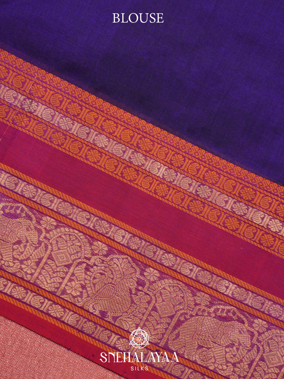 Ink Blue Kanchi Silk Cotton Saree with Floral Buttas & Contrast Crimson Border
