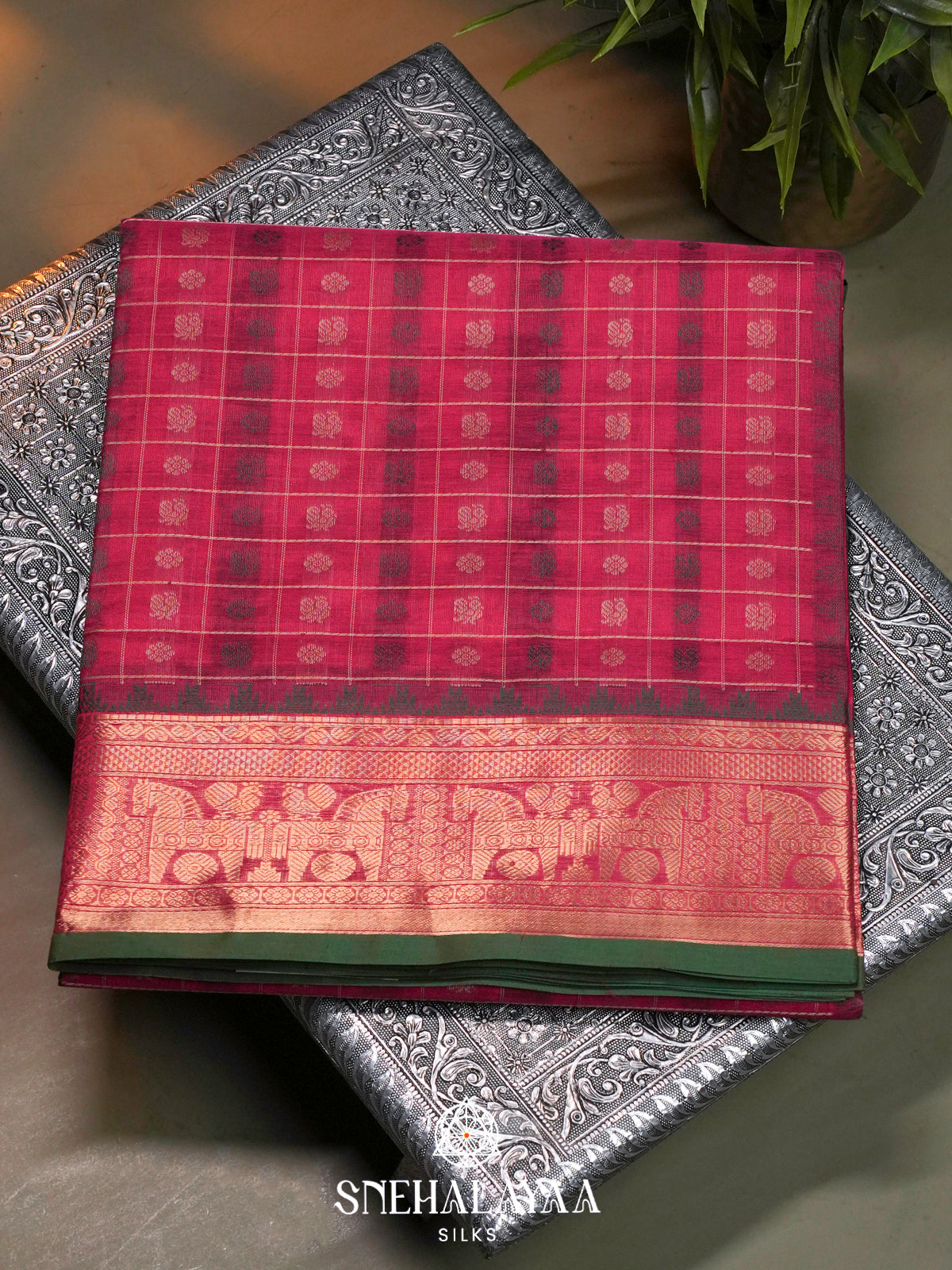 Pink Kanchi Silk Cotton Saree with Floral & Annapakshi Buttas & Contrast Green Selvedge