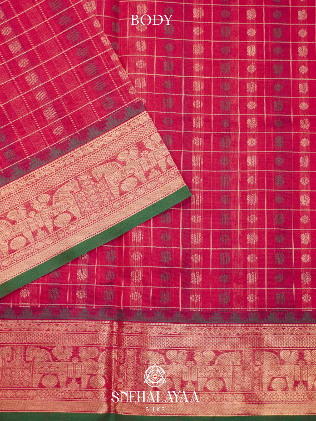 Pink Kanchi Silk Cotton Saree with Floral & Annapakshi Buttas & Contrast Green Selvedge