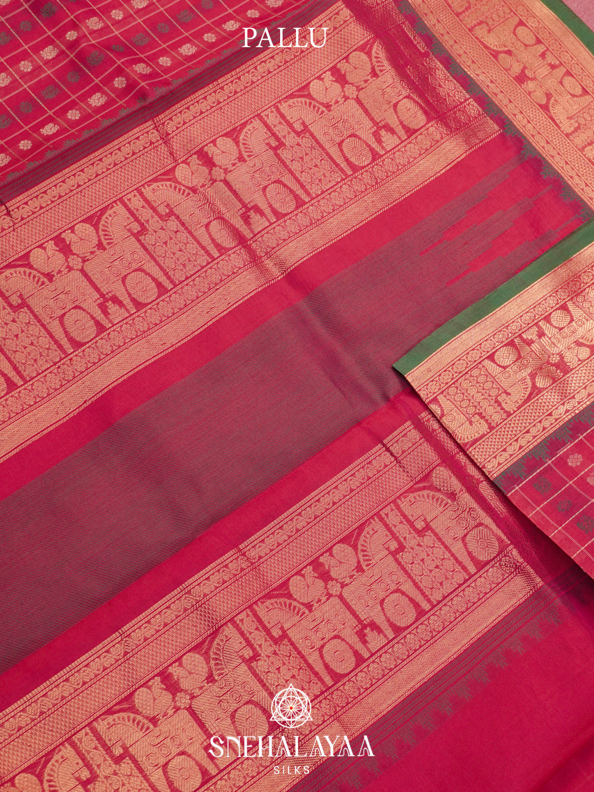 Pink Kanchi Silk Cotton Saree with Floral & Annapakshi Buttas & Contrast Green Selvedge