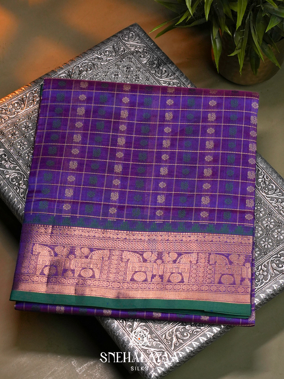 Purple Kanchi Silk Cotton Saree with Floral & Annapakshi Buttas & Contrast Green Selvedge