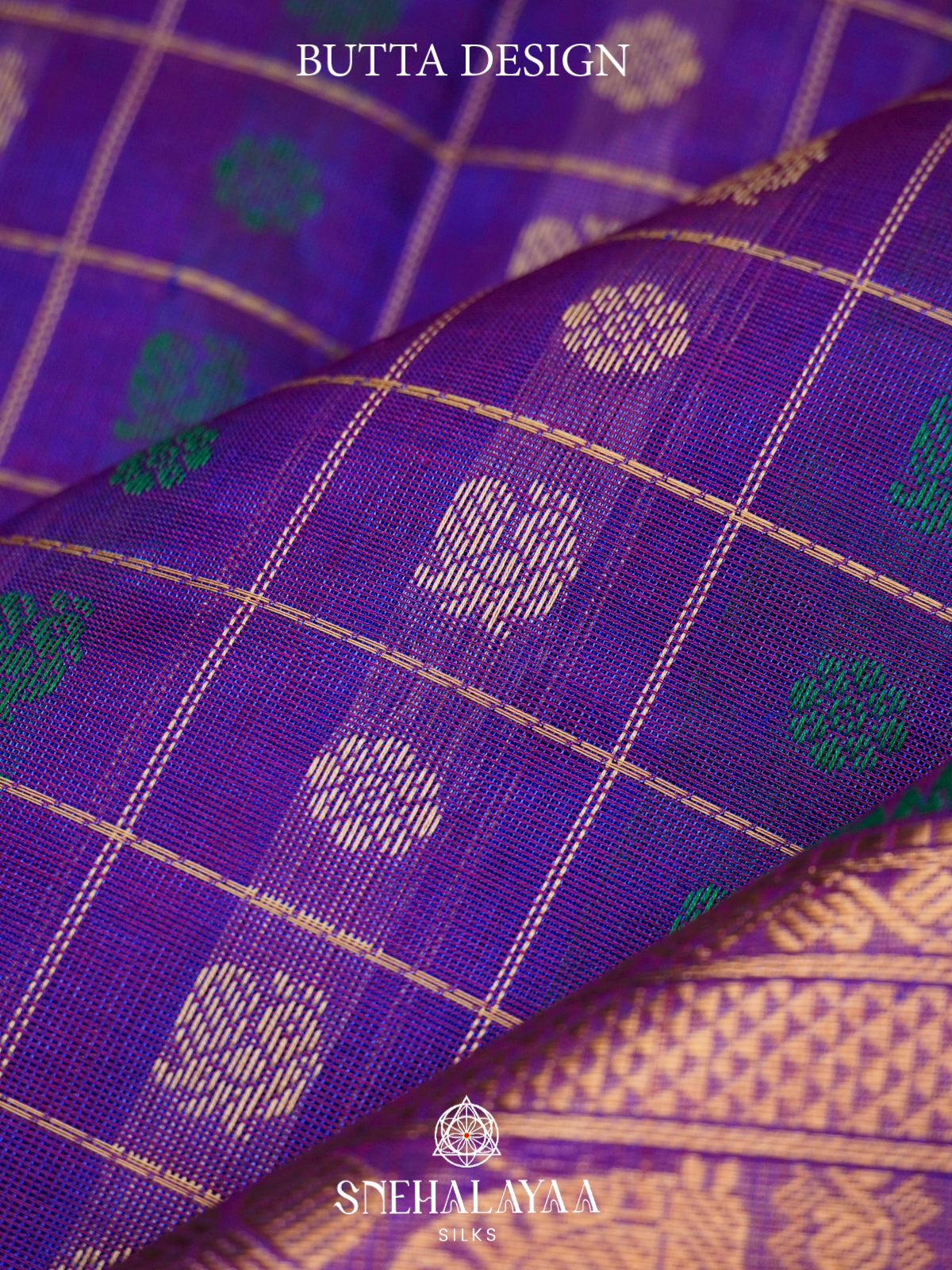 Purple Kanchi Silk Cotton Saree with Floral & Annapakshi Buttas & Contrast Green Selvedge