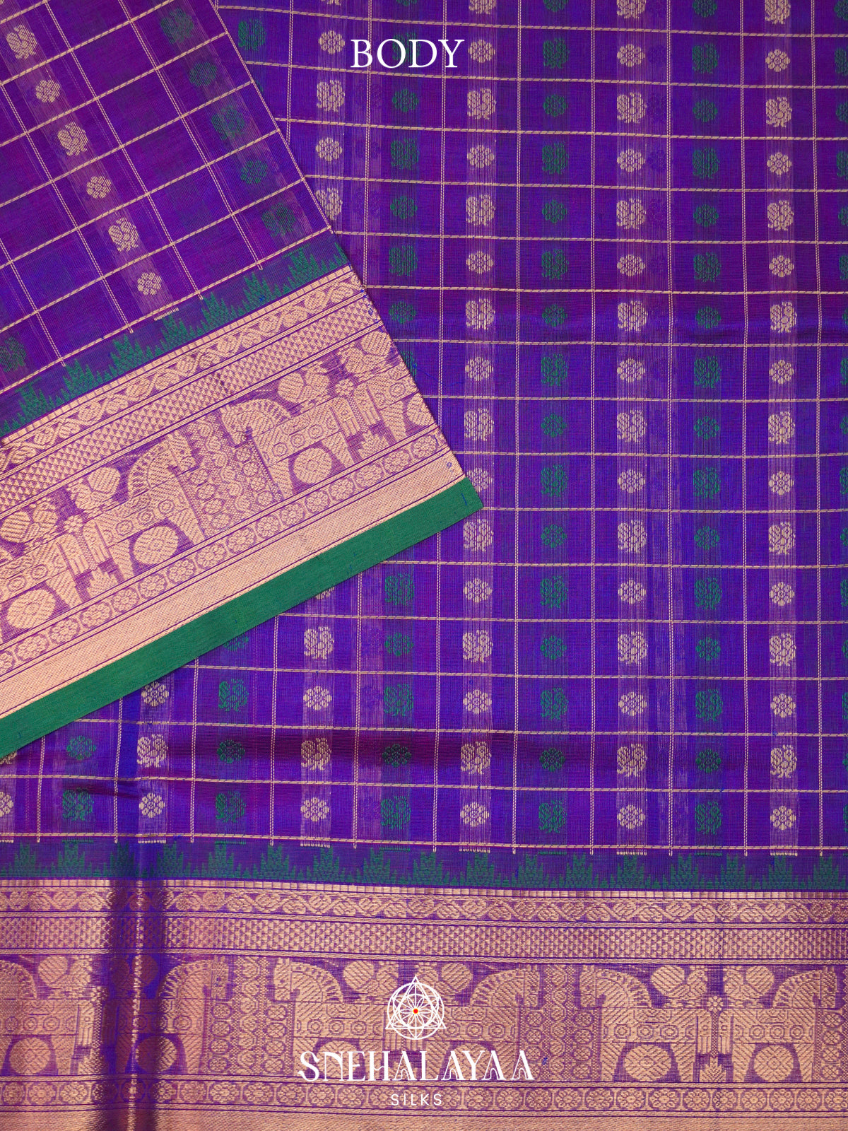 Purple Kanchi Silk Cotton Saree with Floral & Annapakshi Buttas & Contrast Green Selvedge
