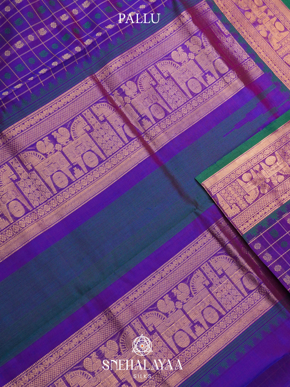 Purple Kanchi Silk Cotton Saree with Floral & Annapakshi Buttas & Contrast Green Selvedge